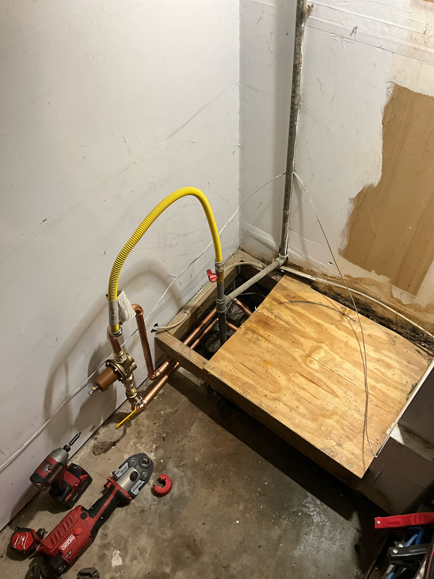 Call for leak at water heater. 

Arrived and spoke with Scott. Inspected water heater and found unit was ruptured from interior tank. Pressure was incredibly high, ~140psi at 4pm. Prv was located in a very difficult to reach position under the water heater. 


Install new 50 gallon gas water heater. This includes the additional installation of a shut off valve valve, thermal expansion tank and mounting bracket, and vent correction.  A drain pan will be added in and discharge to existing low point in garage. 

Pressure regulating valve installed valve will be replaced, and relocated to be accessible for inspection and future repairs. This included more time and material than normally required for a prv replacement.

Shut off valve is labeled for quick access. Unit is lit. I discussed all work with Scott and ensured he is happy with all work completed.