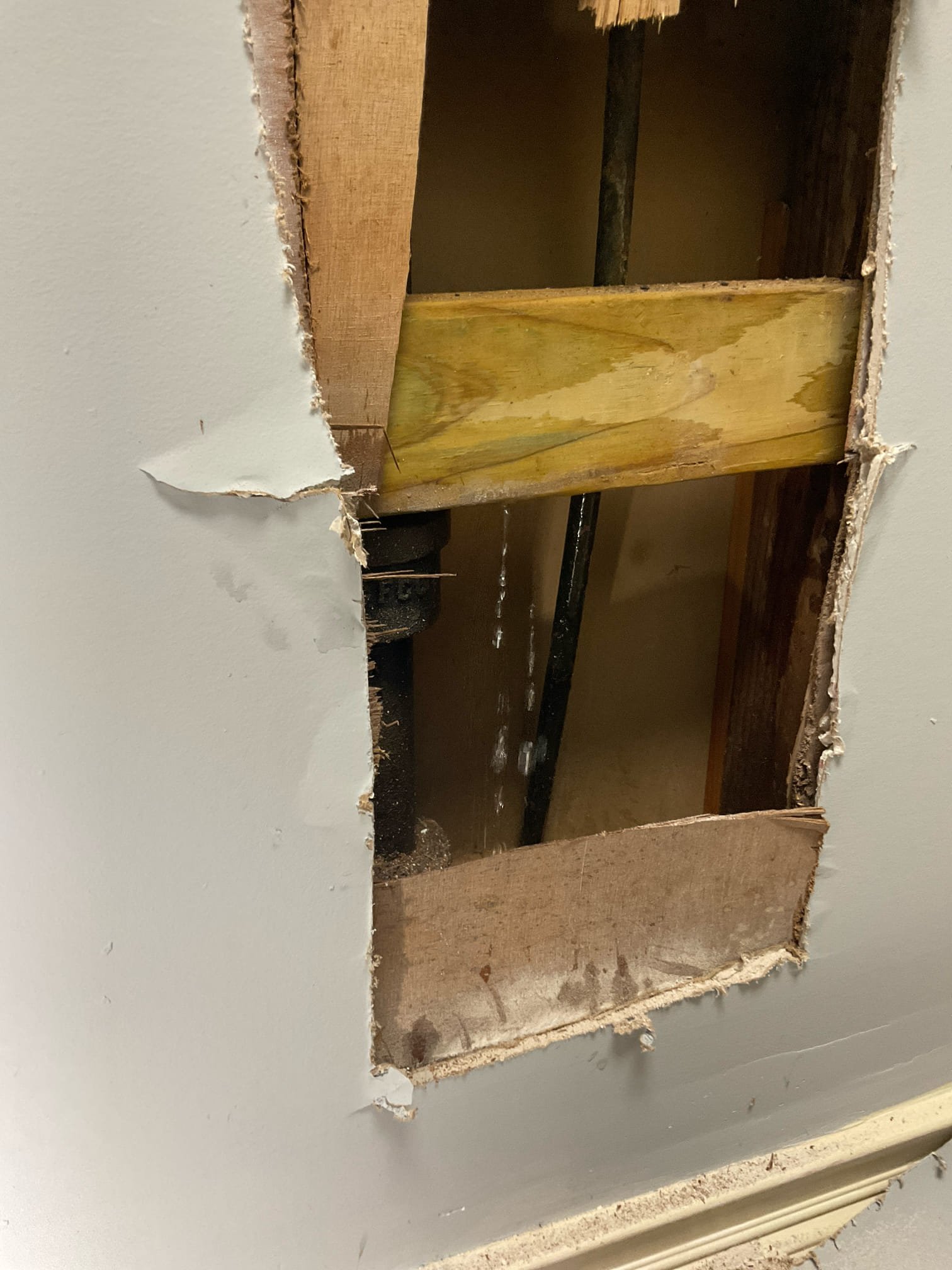 Fixed busted copper pipe inside wall behind toilet , opening wall in hallway , replaced pipe with new copper pipe to toilet with new shut off valve and supply line 