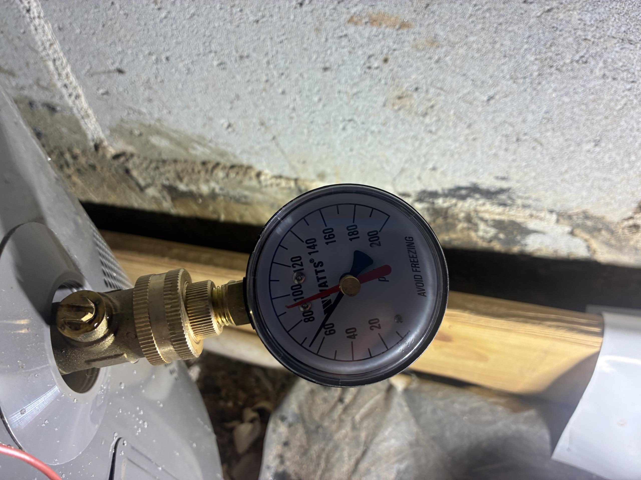 Technician: Shawn
Call for several plumbing issues.

Arrived and met with Billy. He gave me an overview of the home and current issues and concerns.

Supply line in garage utility sink has broken. Water near toilet in master bathroom. And bad odor from dishwasher and from washing machine. Major remodel performed in 2012-2013 timeframe, with the master bathroom and laundry being an addition to home with new plumbing. New water service has been ran recently, from meter to home. Dishwasher is very new, less than one year. Kitchen plumbing has been replumbed with pvc and copper.

While investigating concerns I found the following: Galvanized main line was replaced with plastic line, but pressure regulating valve has not been replaced. Pressure read over 100psi. Water heater is 11 years old. Thermal expansion tank bladder has flattened and is no longer functioning. Pluming up inside home is mostly pvc and copper, with some remaining cast iron. Toilets in new addition do have the gray specks