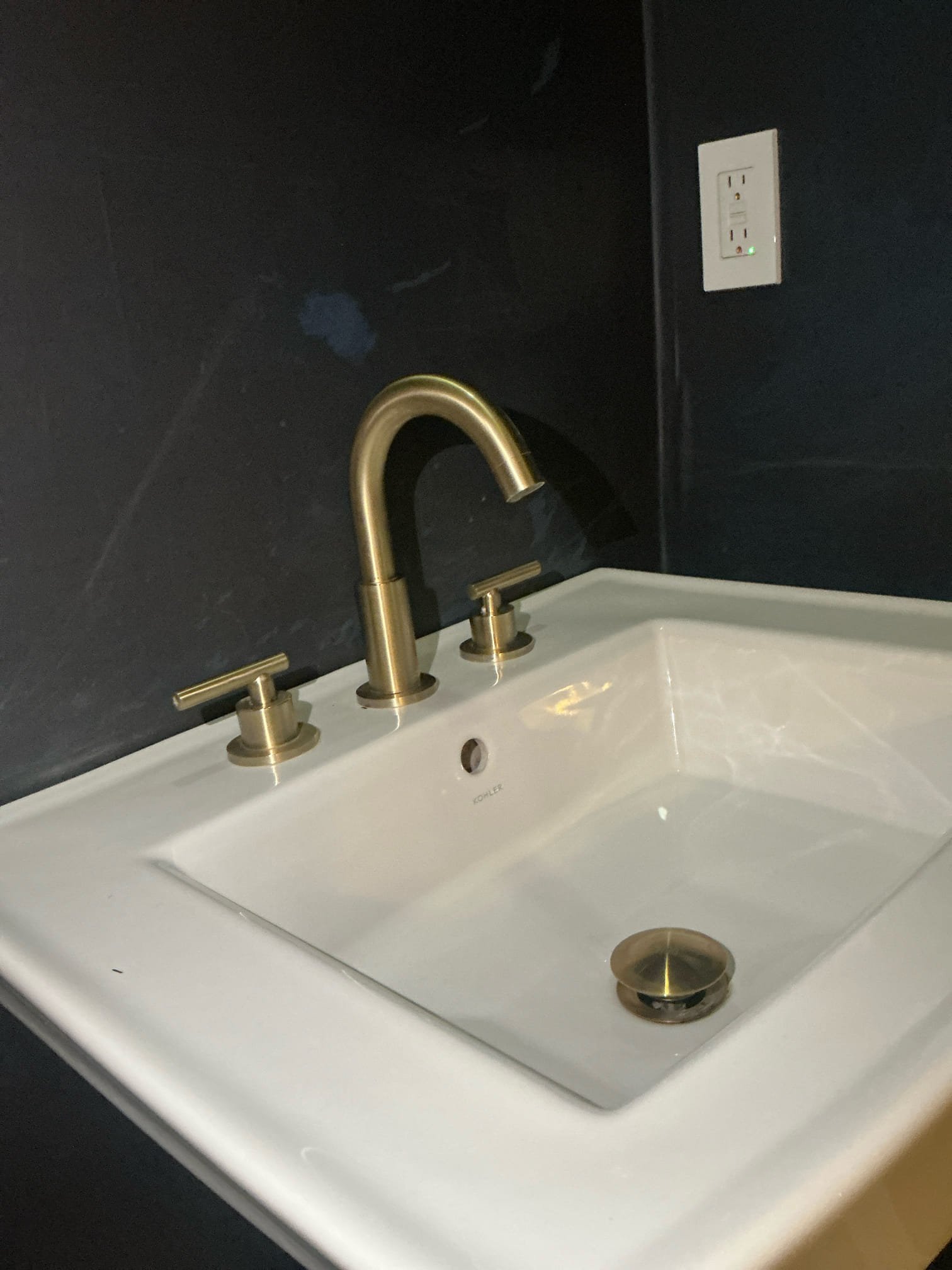 Client called us out to look at replacing main floor powder room widespread lavatory faucet with new customer supplied they already had. Client accepted estimate and we proceeded to uninstall the old widespread faucet and pop up assembly. We had to pull the pedestal bottom out just a tad to get room to work under it. Installed the new customer supplied widespread lavatory faucet, and pop up assembly. After some struggle, finally got the new faucet in An acceptable position where it is sturdy. Installed the pop up assembly and pushed the bottom back in to connect the drain pieces. Tested all connections, no leaks. Once fully back in place, we caulked around the base as it was and between the two pedestal pieces.   
Home water pressure was good at 70 psi. 

 1 yr labor warranty

Invoice includes $50 off coupon. 