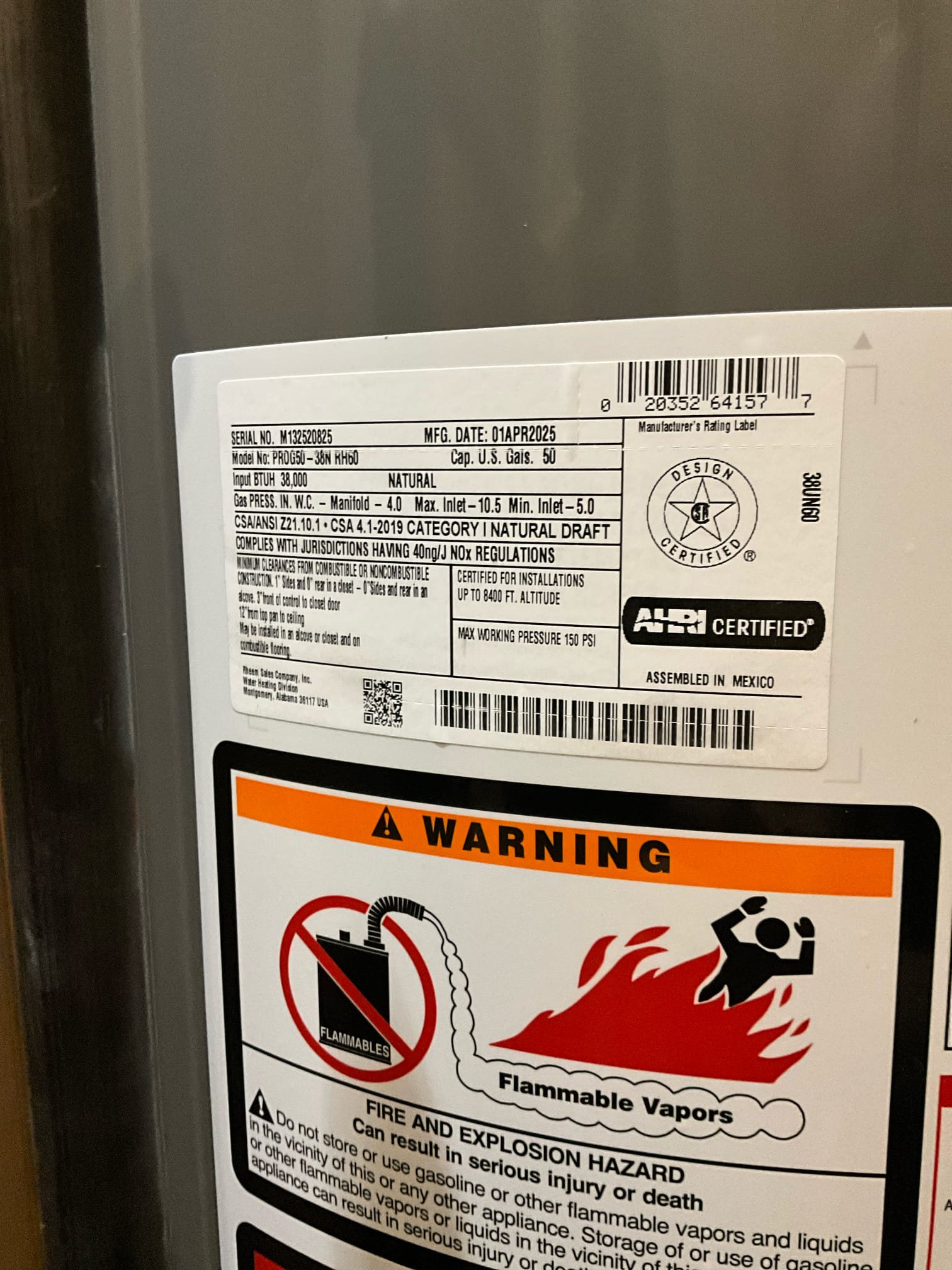 Call to perform quoted work.

Drained and removed failed gas water heater in basement. Old unit did not have expansion tank mounting bracket or drip pan.

Installed new 50 gallon gas water heater. Thermal expansion tank installed and mounted to bracket. Drip pan installed under unit. Pressurized unit, set to same temperature s previous unit. Installation sticker pl ed on unit with install date. I also wrote notes on the unit at Ms. Melinda’s request, specifically mentioning when to replace pressure regulating valve, where to flush and how often, and what the pressure is currently set to. 

Flushed all hot water lines by running water at full capacity to help remove any residual discolored water from lines. 

As a courtesy, I replaced the yellow seal on an upstairs Kohler toilet. 

Notes for plumber: steep hill, carpet floors and finished basement. Copper water lines. No drip pan present.

Melinda: I recommend contact Kohler to ask about warranty replacement for daughters bathroom vanit