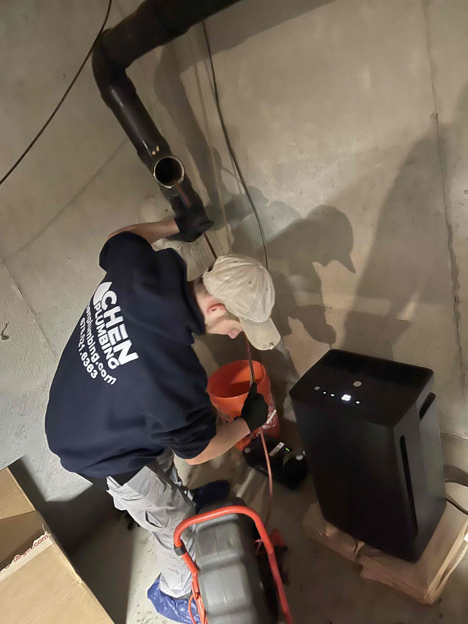 Came out for reoccurring back up. Found flat spot on the drain in the basement. Did sewer camera inspection. Pulled toilet on main floor bathroom. Found break in the line under the hvac condensor. Root intrusion in the line was the main culprit causing the back ups, left quote to replace damaged section of the drain line. Customer has to get hvac unit moved before work can be done. 