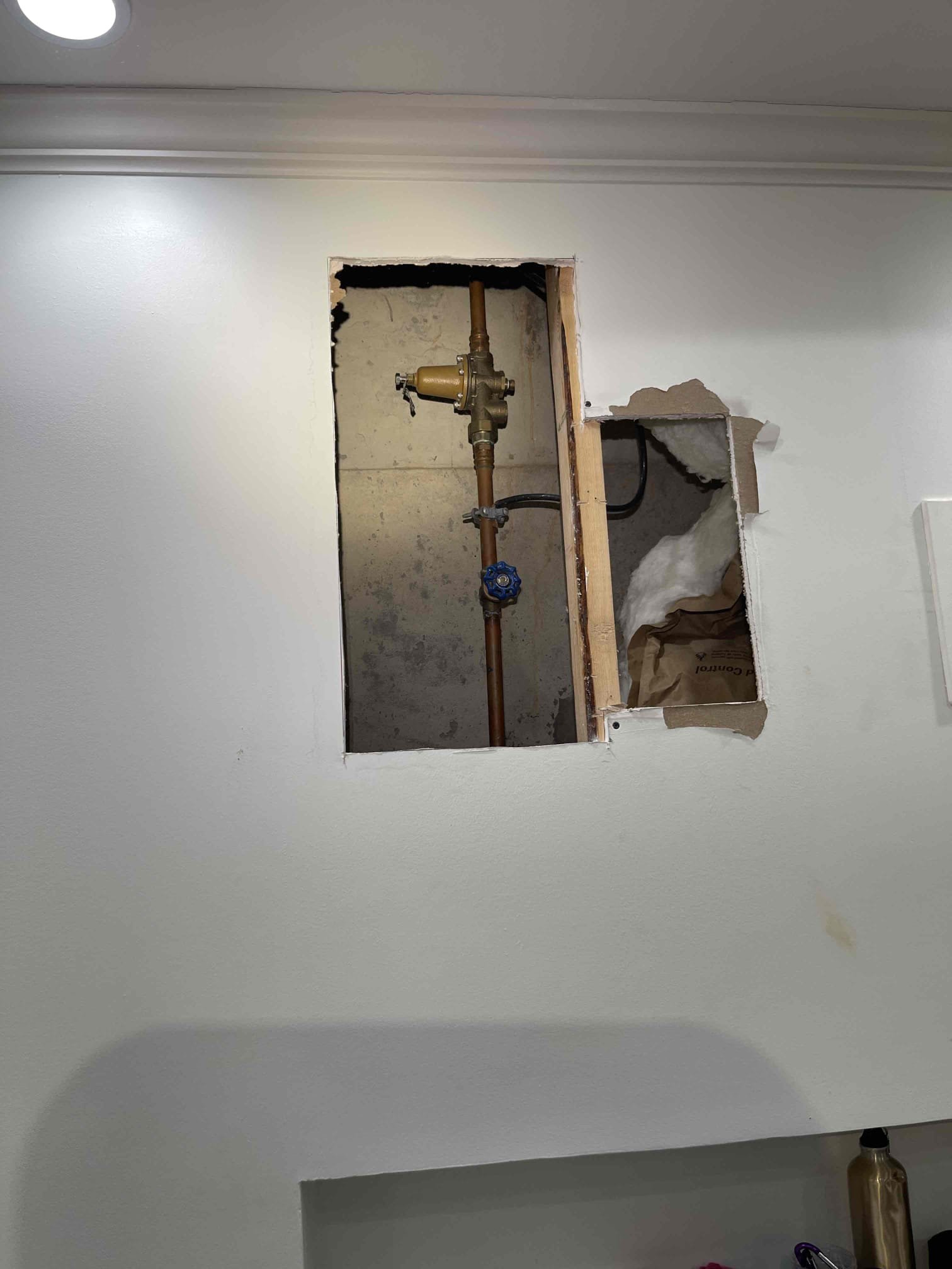 Came out for high water pressure. Tested and found water pressure was at 132 psi. Received approval to install high pressure and standard double PRV set up, and replace 5 gallon expansion tank. Set new water pressure to 75 psi for regular PRV, 90 psi for high pressure prv. Set expansion tank to 75 psi. Tested to ensure a leak free install. Did have to cut some drywall to make enough space for the prv’s. No further issue at this time. 