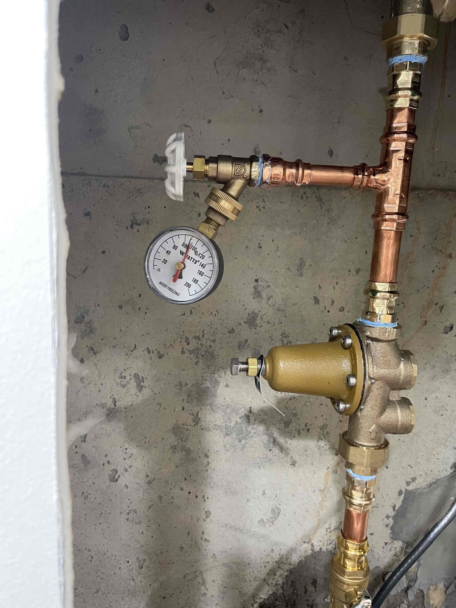 Came out for high water pressure. Tested and found water pressure was at 132 psi. Received approval to install high pressure and standard double PRV set up, and replace 5 gallon expansion tank. Set new water pressure to 75 psi for regular PRV, 90 psi for high pressure prv. Set expansion tank to 75 psi. Tested to ensure a leak free install. Did have to cut some drywall to make enough space for the prv’s. No further issue at this time. 