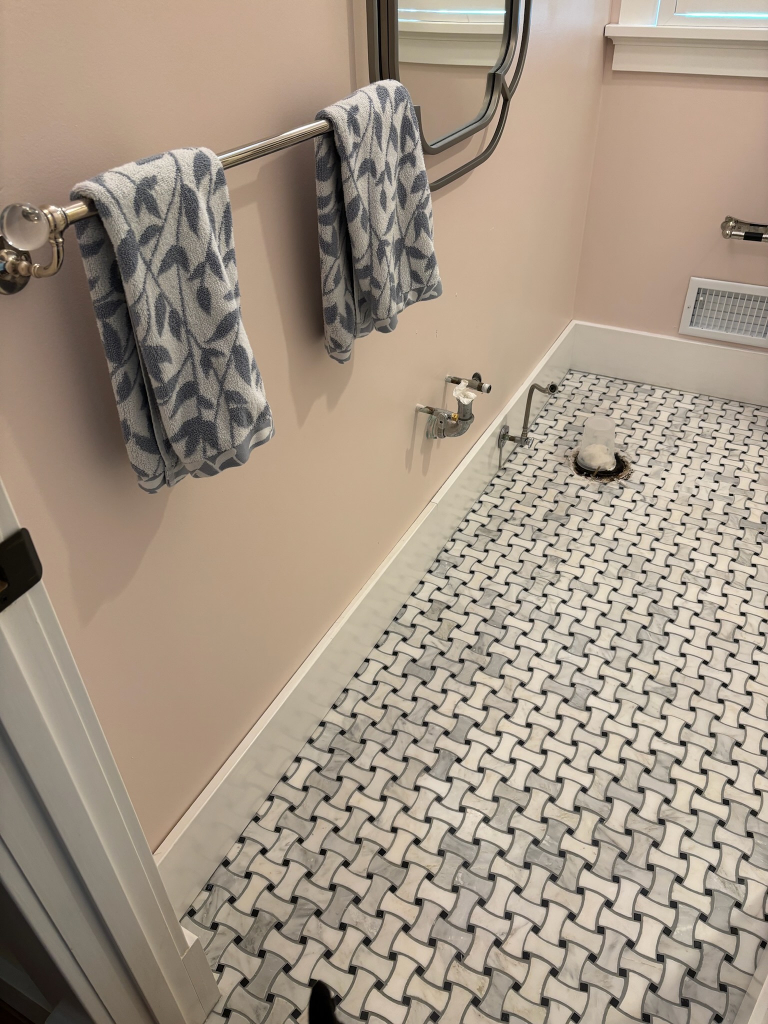 Call for toilet install.

Arrived and spoke with Krista. 

She states that the hallway bathroom is being remodeled, and they are concerned that the toilet flange may need to be replaced. Krista needs the toilet to be installed immediately. 

I assessed flange and found that it is a cast iron flange and in good condition. The wax ring still had some paper on it, and no indication that it was making good contact with the old toilet, which I believe is what led to subfloor damage before their remodel. I also noticed a capped hot shut off valve wi5 a drip on it, and a very old cold shut off valve with male threads. Pressure on house is 50 psi (good). 

Ryan and Krista plan on finishing the bathroom soon, and a
Ready have vanity and faucet on site. I installed the new toilet, and left the bottom without caulking as requested. Installed two new quarter turn shut off valves, and left supply lines with faucet in front room. 

