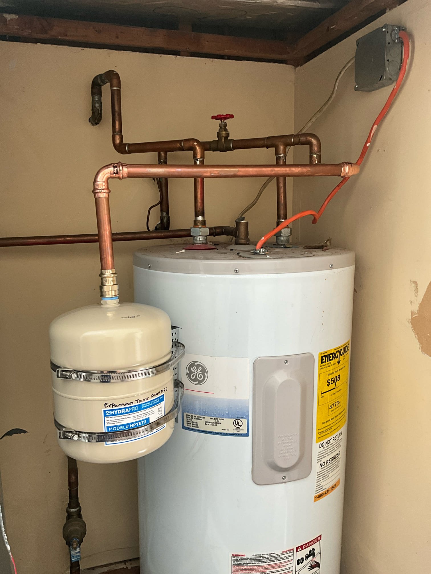 Call for water heater issue.

Arrived and found that a recent home inspection has flagged the thermal expansion tank on an electric water heater.

Tested pressure on home, pressure read at ~45psi. Pressure regulating valve is working. Removed existing thermal expansion tank. Installed new tank, and mounted as required by code.

Pressurized home and ensured no leaks are present. Expansion tank is functioning and installed as required.