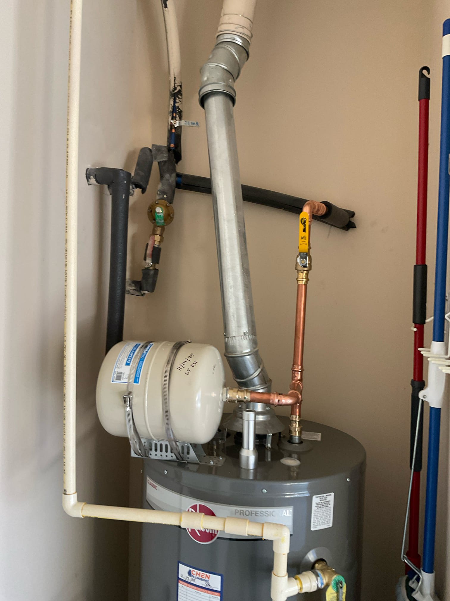 Remove existing water heater and haul away. Furnish and install new 50 gallon gas water heater with new tank shut off and thermal expansion tank. Also install drip pan under heater. Remove existing PRV and furnish and install new one. Also powder room on main floor, remove existing toilet and haul away. Furnish and install new American standard toilet.

Tested both water heater and toilet and no leaks present at this time. Set pressure to about 65psi. Caulked around base of toilet and cleaned up work area.