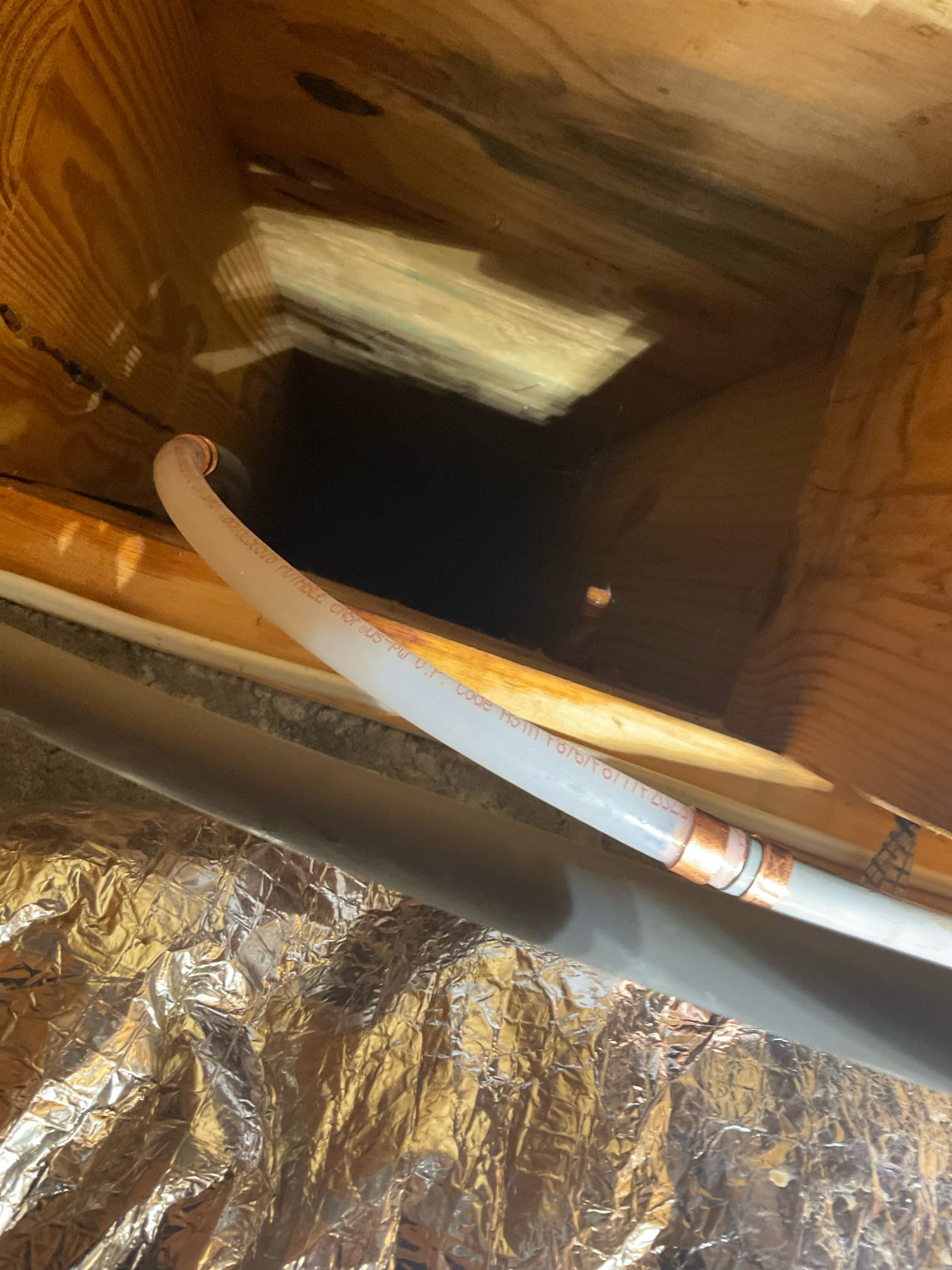 Found active leak in basement ceiling, openned ceiling found a leak from 1/2 gray poly elbow , repair with section of poly with pex and used two poly to pex adapter fittimgs 