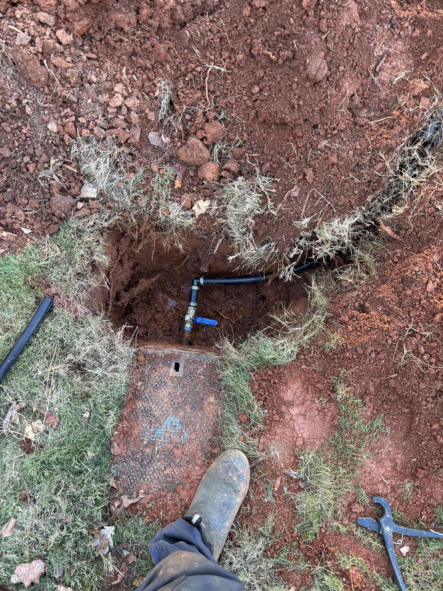 I came today to install a new water service. I started by digging two holes one at the meter and one at the house. I had to wait for the septic company to install new drain fields. After they finished there work I trenched both the holes together. I also sleeved the new water service with 2 in pvc due to the drain fields. I also installed a new ball valve and new meter box. Tested system and system is working properly with no leaks or issues. After I tested I backed filled. 