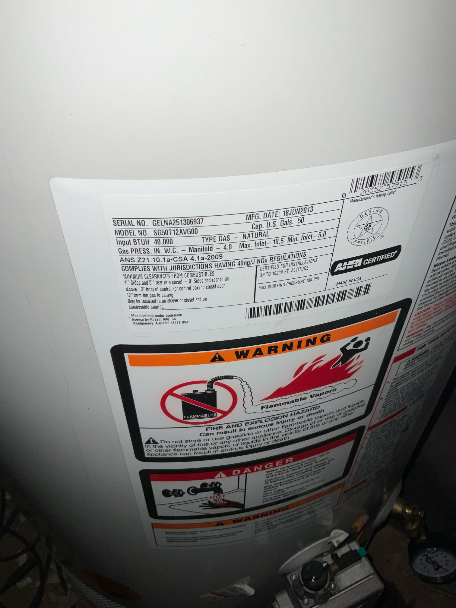 Remove existing water heater and haul away. Furnish and install new 50 gallon gas water heater with new thermal expansion tank and tank shut off. Also installed drip pan under heater. Also furnish and install new three-quarter inch PRV.

Tested and no leaks were present at this time. Set water pressure to about 60 to 65 psi. Cleaned up work area.
