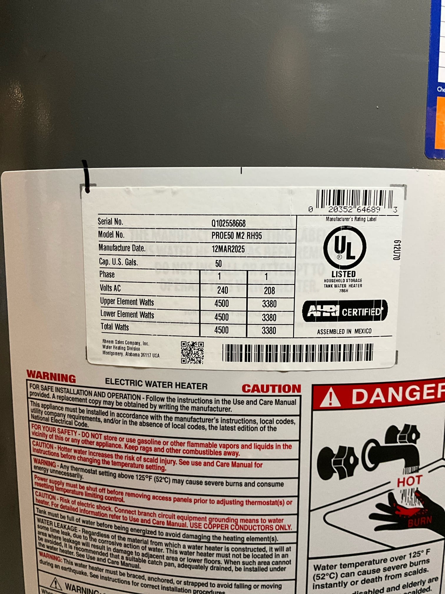 Returned to replace electric water heater in crawlspace. Re,over old unit, and installed. New 50 gallon electric water heater. Also added drip pan under unit, and a mounting bracket for the new thermal expansion tank. New shut off valve on supply. Turned unit temp up slightly. 

Cleaned workspace. Locked crawlspace door and returned key. Bled air out of waterlines.

