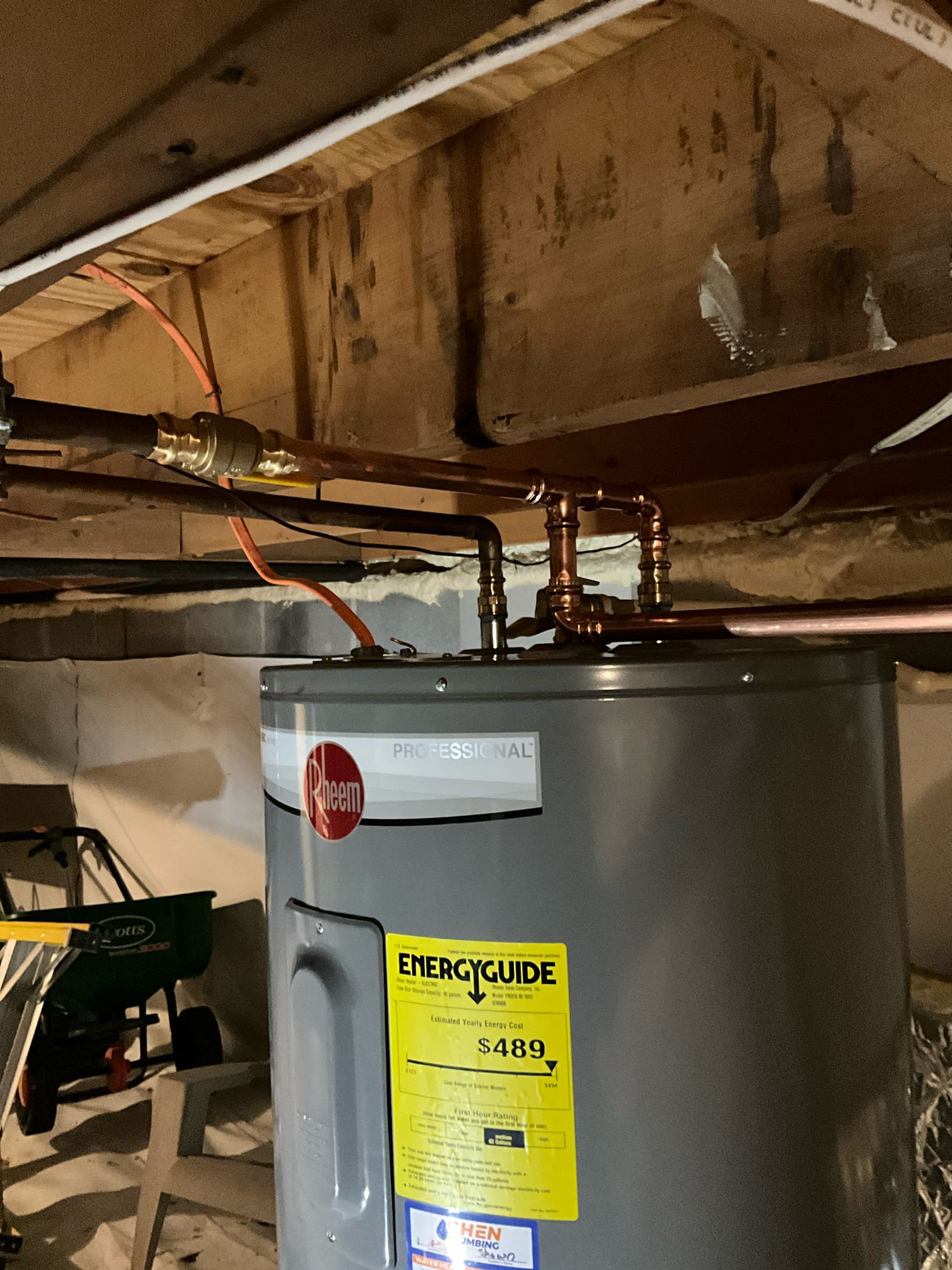 Returned to replace electric water heater in crawlspace. Re,over old unit, and installed. New 50 gallon electric water heater. Also added drip pan under unit, and a mounting bracket for the new thermal expansion tank. New shut off valve on supply. Turned unit temp up slightly. 

Cleaned workspace. Locked crawlspace door and returned key. Bled air out of waterlines.

