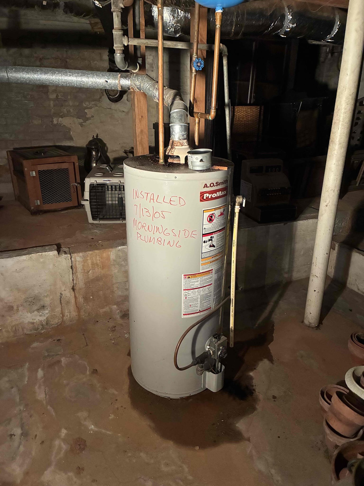 Customers water heater was old and leaking at bottom. Gave a few options to replace. Replaced heater with Rheem 40 gl gas short. Also installed new TET with bracket and ball valve. While replacing heater found vent coming from heater to be damaged, replaced section all the way to wall to section. vent in its entirety seems to be issued due to back draft from heater when heater was turned on. Suggest to have a HVAC company come to assess vent line and possibly clean or replace. After install checked for leaks and proper function.