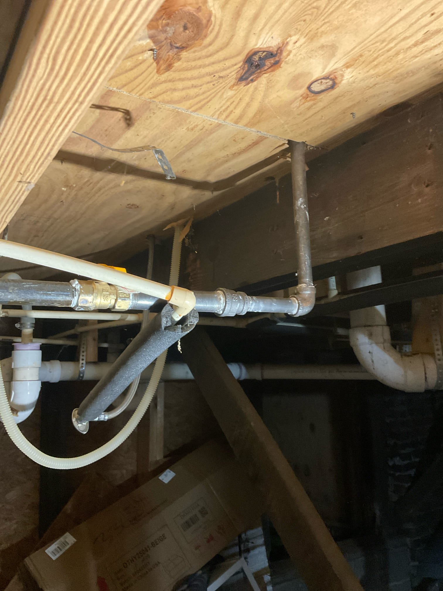 We check and found : fixed a leak in gas line for stove , correct code violations remove flex connector ran hard pipe thru floor ,replaced expansion tank with bracket , new water heater shut off valve installed 
