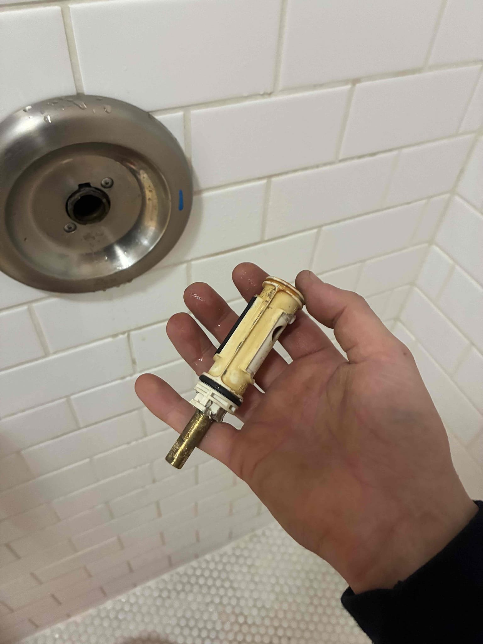 Customer had moen post temp cartridge completely fail allowing no way to turn off. Gave option to replace cartridge. Shut off water drained system then removed old cartridge and replaced with new. Turned water back on and checked for leaks and proper function. Also checked pressure. 