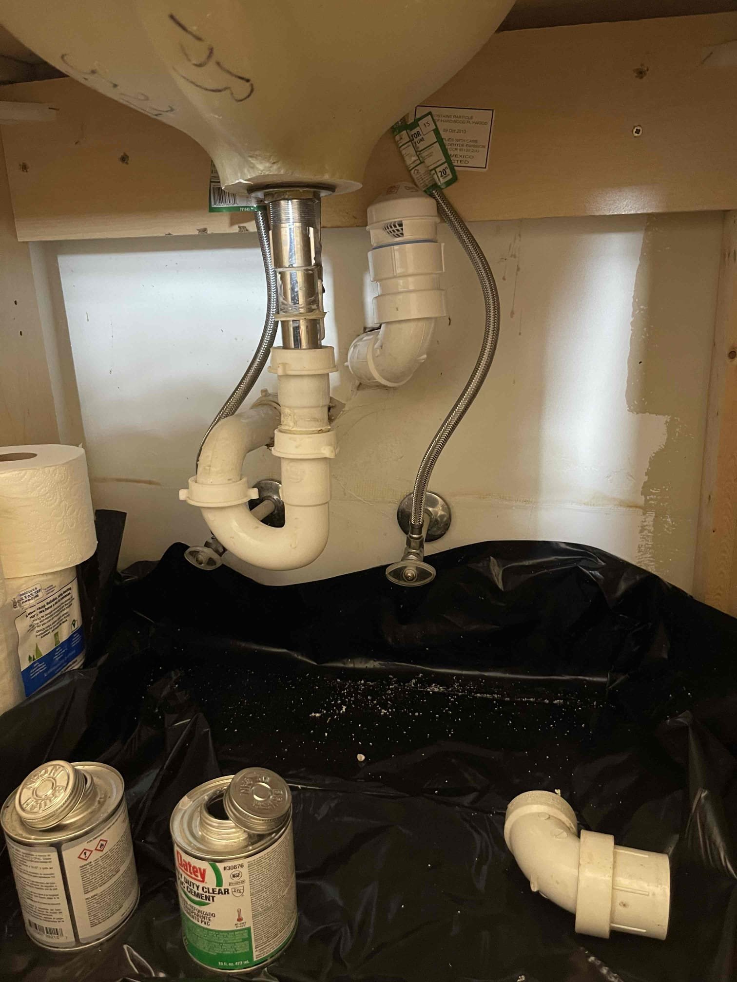 Came out for a smell in the bathroom and for rusty hoses on the washing machine. Found the smell in the bathroom was due to an open sewer vent pipe where an AAV had been previously installed. Looks like they couldn’t fit the new vanity in place because of the location of the AAV. I cut out the old fittings and moved the AAV into the cabinet. Replaced the washing machine hoses. No further issue at this time. Left quote for water heater as it is 15 years old. 