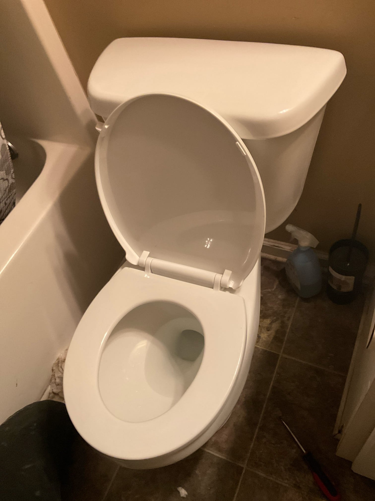 Upstairs hall toilet is leaking at tank to bowl , we replaced with same shape round western toilet today 