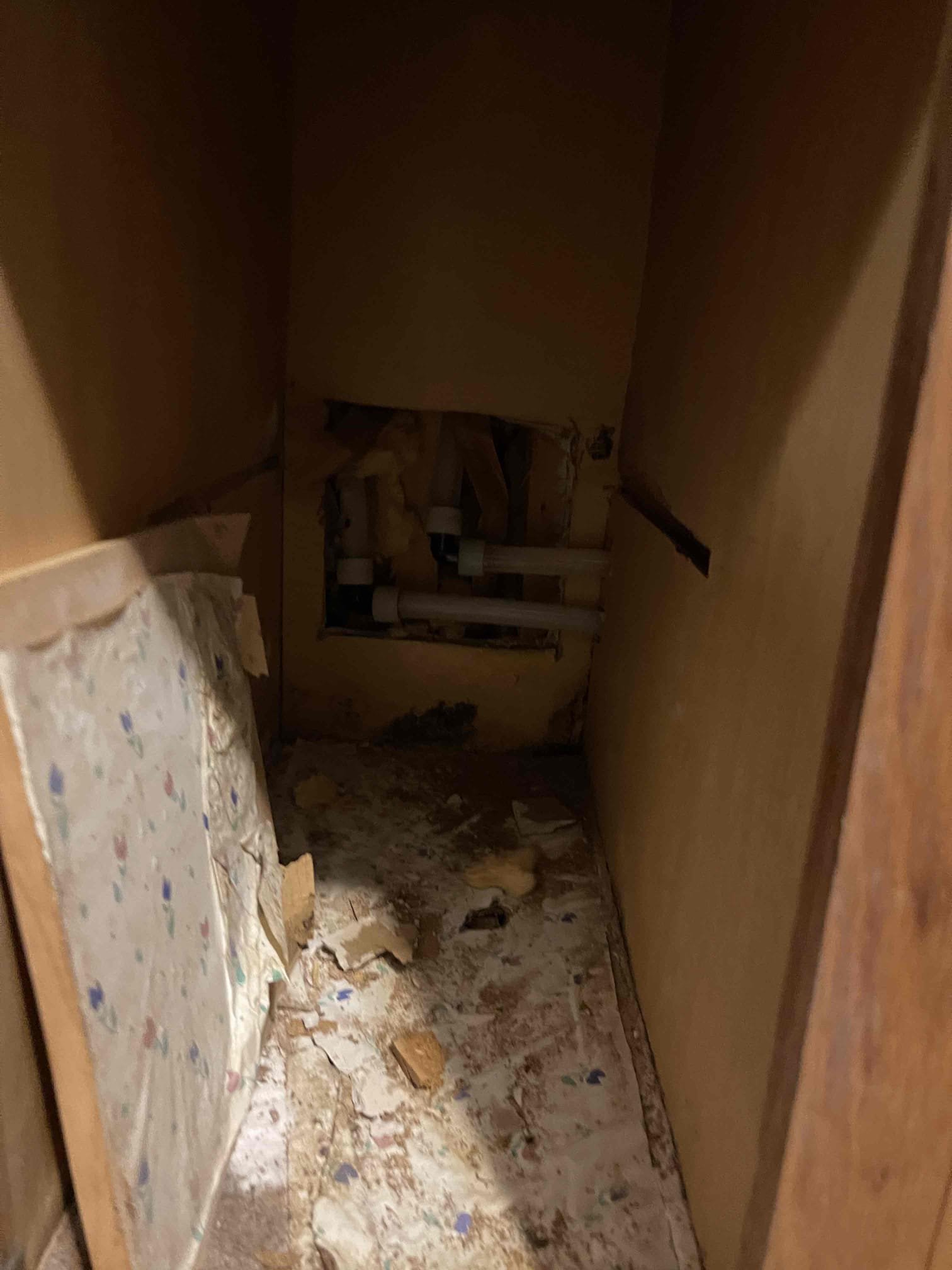 Came out for a slab leak. Homeowner had opened the slab himself. He had polybutylene lines under the slab that were leaking. Customer elected to do a partial repipe and abandon the lines under the slab, as he had previously repaired the polybutylene under the slab. Opened up walls/ceilings where needed. Disconnected water lines from any piping going under the slab. Rerouted everything up inside the ceiling. Replaced the valves to the washing machine box. Turned water on and had no leaks. We realized the toilet in the powder room had no water, and concluded that line also must have ran under the slab. Cut some additional drywall and ran a new line for the toilet. Tested to ensure a leak free install. Water pressure tested in normal range. Water heater was from 2009. Left quote to replace, no further issue at this time. 