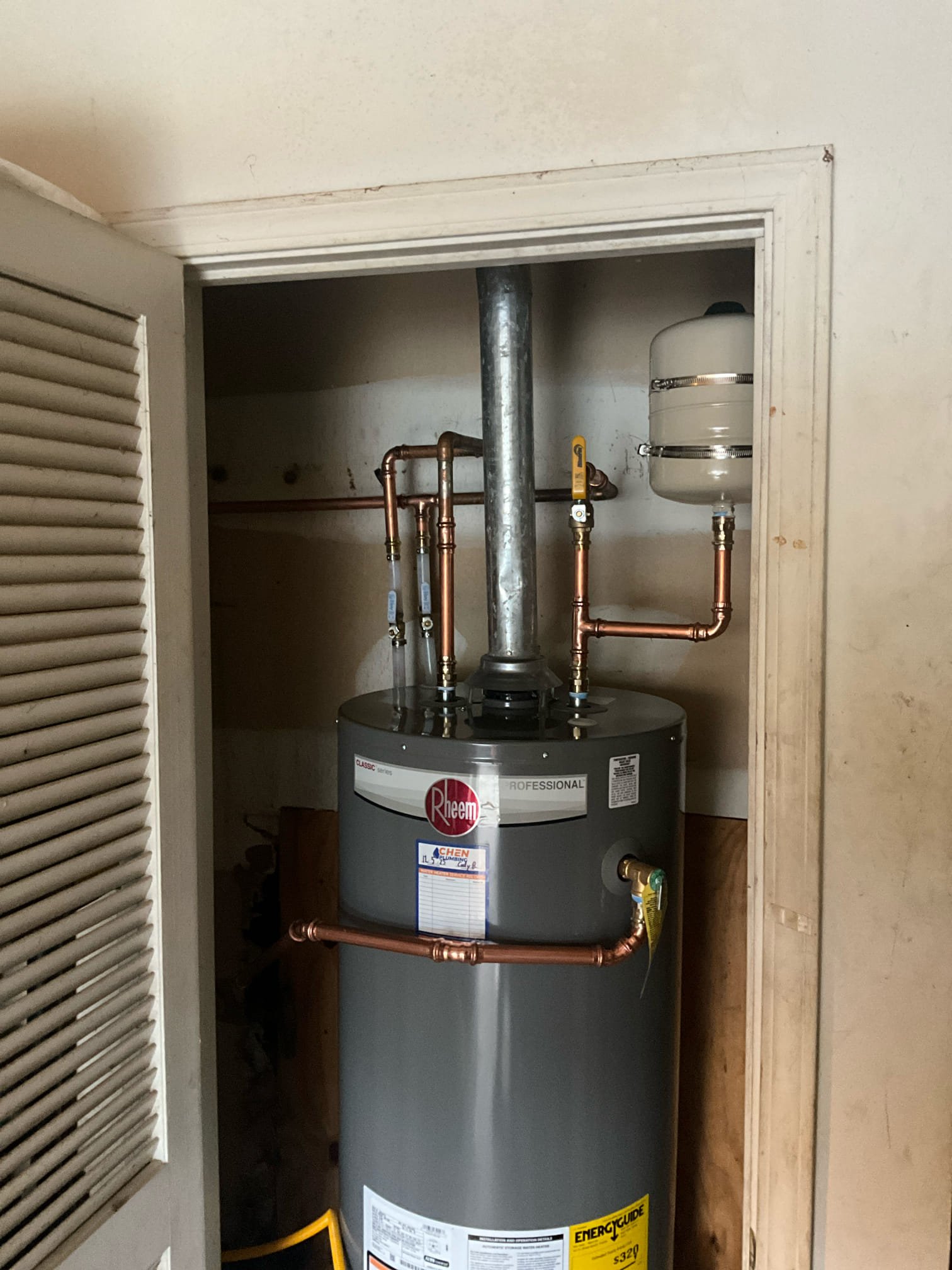 Customer had a water heater from 2009 leaking in the same closet where connections were made for a reroute the day before. Replaced the heater with a new pan, shutoff, and thermal. Tested all work to ensure proper function and no leaks. 