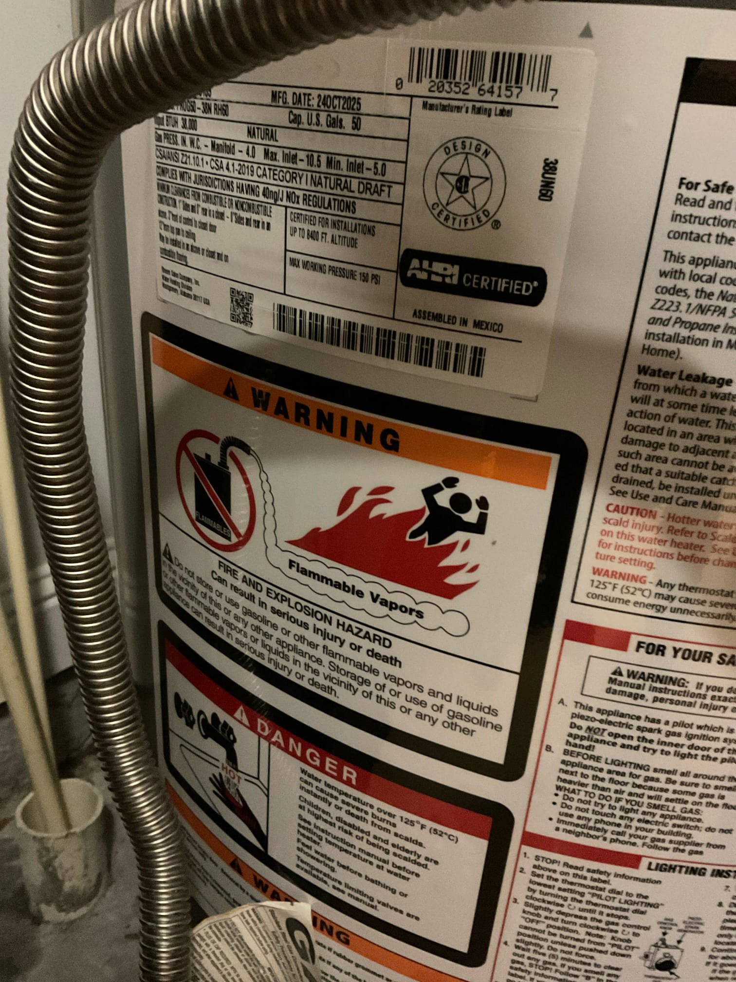 Remove existing water heater and haul away. Furnish and install new 50 gallon gas water heater with new thermal expansion tank and tank shut off. Also install drip pan under heater.

Tested and no leaks present at this time.