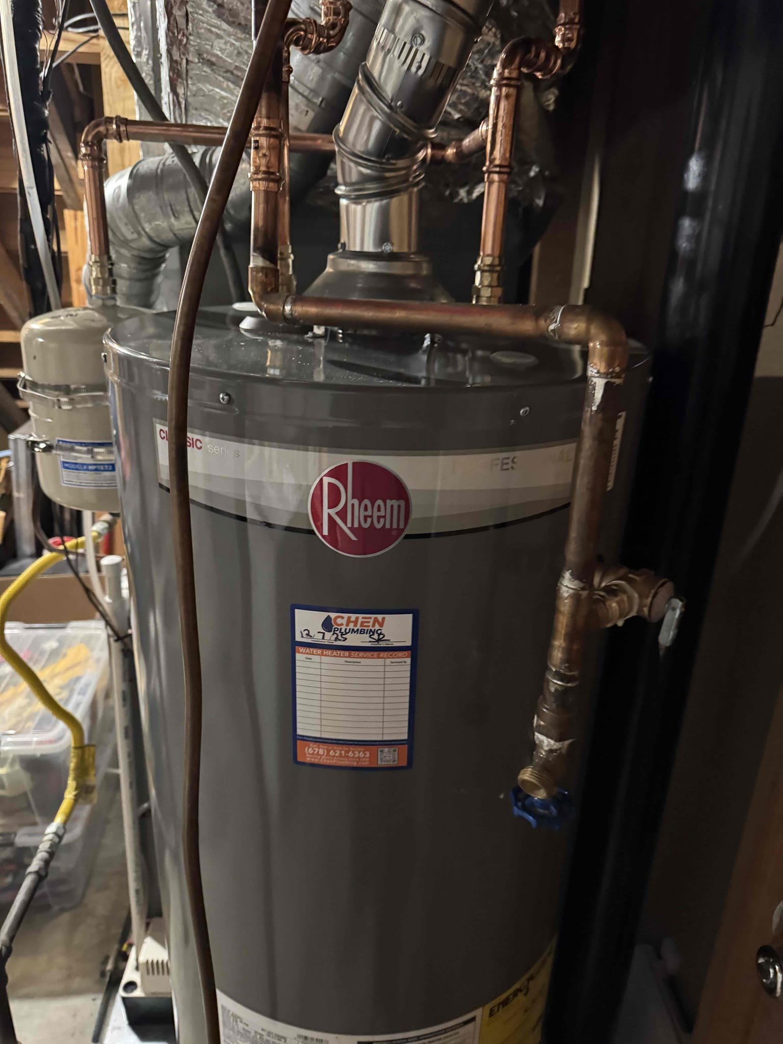 Remove existing water heater and haul away. Furnish and install new 50 gallon gas water heater with new thermal expansion tank and tank shut off. Also install drip pan under heater.

Tested and no leaks were present at this time. Cleaned up work area.
