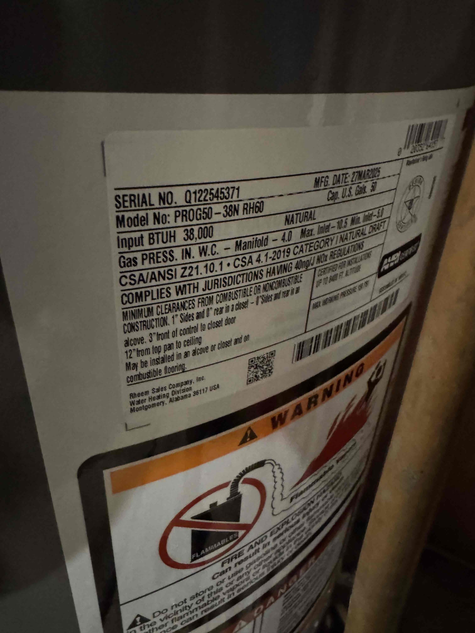 Remove existing water heater and haul away. Furnish and install new 50 gallon gas water heater with new thermal expansion tank and tank shut off. Also install drip pan under heater.

Tested and no leaks were present at this time. Cleaned up work area.