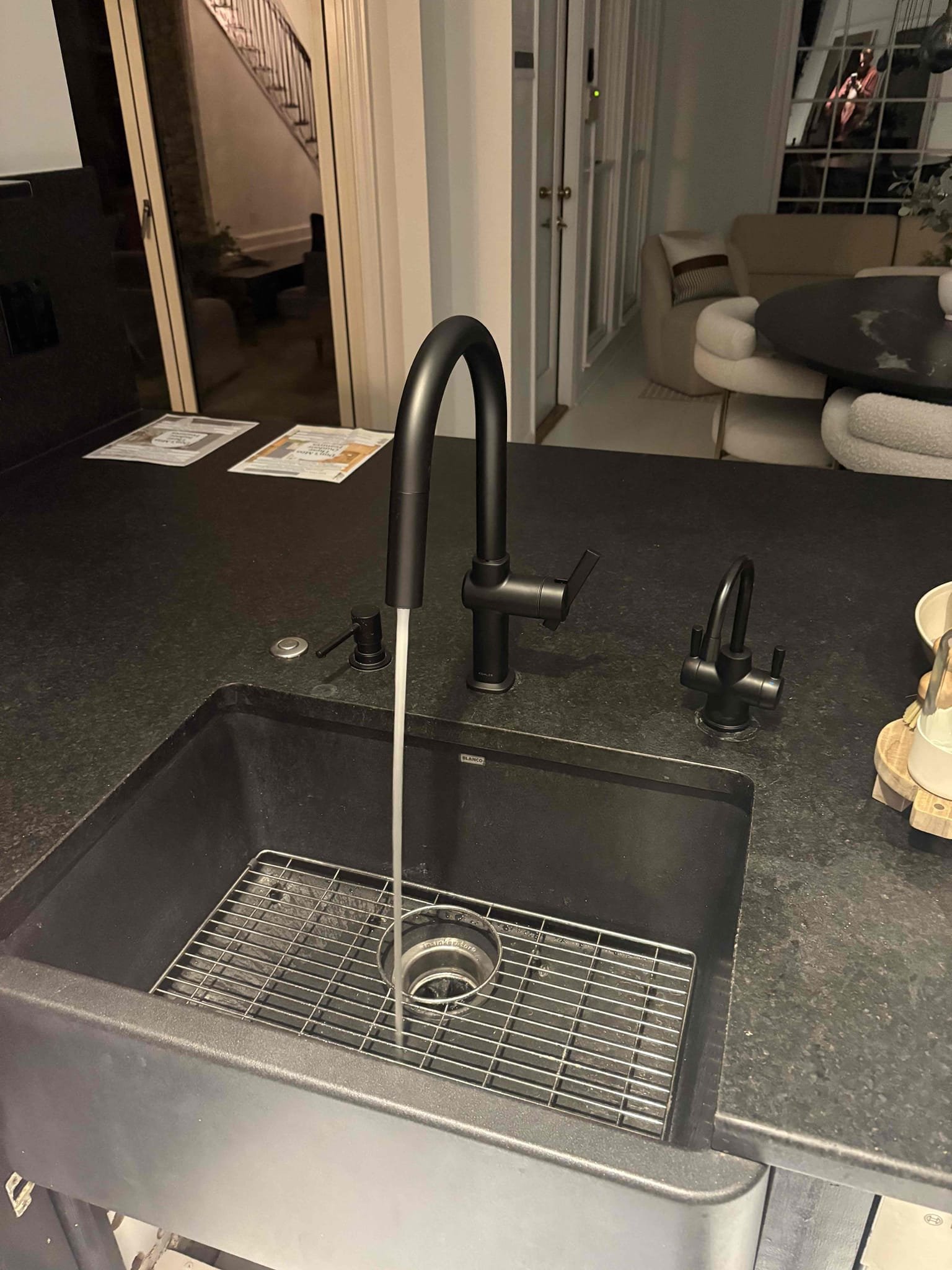 Client called us out today due to the touch less kitchen faucet not working properly. On previous visit, I did notice the battery back for the faucet was being held together by rubber bands, but was working when I left. The battery pack had all fallen apart which is why it wasn’t working. We then found a new kohler single handle kitchen faucet in black finish, then replaced that failed faucet and reconnected back to the water shutoffs. No leaks, operating as it should. 