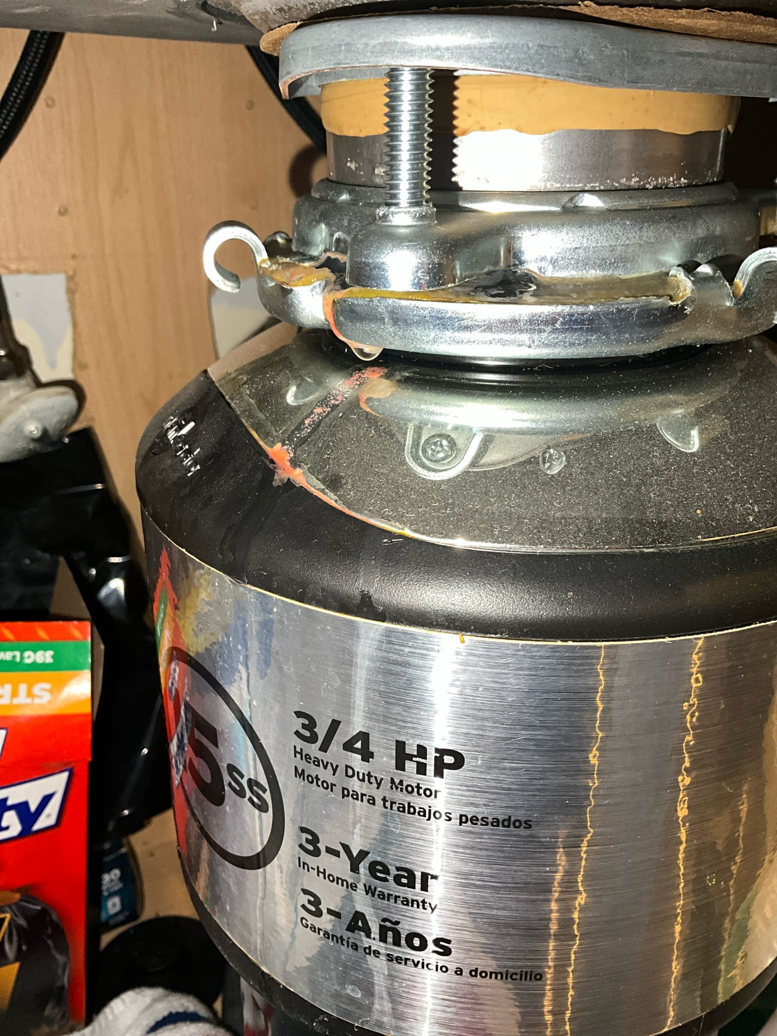 Customer had a small amount of water showing up incrementally under garbage disposal. Disposal is a 3/4 disposal with stainless blades and platform. The water is leaking from the bracket for the disposal. It wasn’t even hand tight. Tightened the mounting bracket back and the leak stopped. Disposal isn’t showing obvious signs of heavy wear or rusting. Customer’s water heater is over 12 years old. Spoke with customer about replacement options. Customer declined work at this time for the heater. Replacement due to the relative age is strongly recommended before the risk of damage from a leak increases.