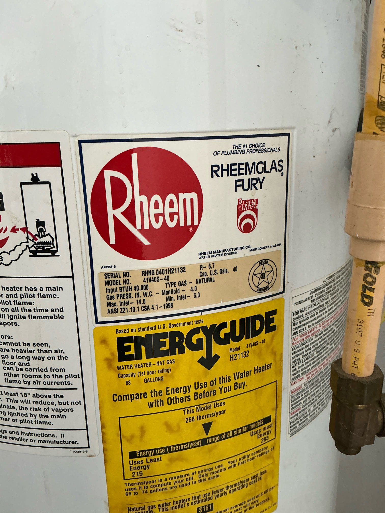 Came out today to look at the 25 yr old 40 gal short model nat gas water heater on a stand in garage. No active leaks on water heater, but home water pressure is almost 120 psi which is much higher than the safe range of 50-79 psi. While replacing the water heater the pressure reducing valve will need to be replaced to keep the warranty on the new water heater in tact. 


Emailed estimates. Client will need to let us know when they decide to replace the water heater a couple days ahead of time, and we can get the permit pulled for the water heater. If permit is pulled, we may have to replace the vent piping for the water heater up into the attic, as the way it is currently is not “technically” up to code, but it is fully and safely functional. This would be additional cost on the customer if so. Extended 4 yr tank warranty available for $400 additional to current quote. 

Free estimate.