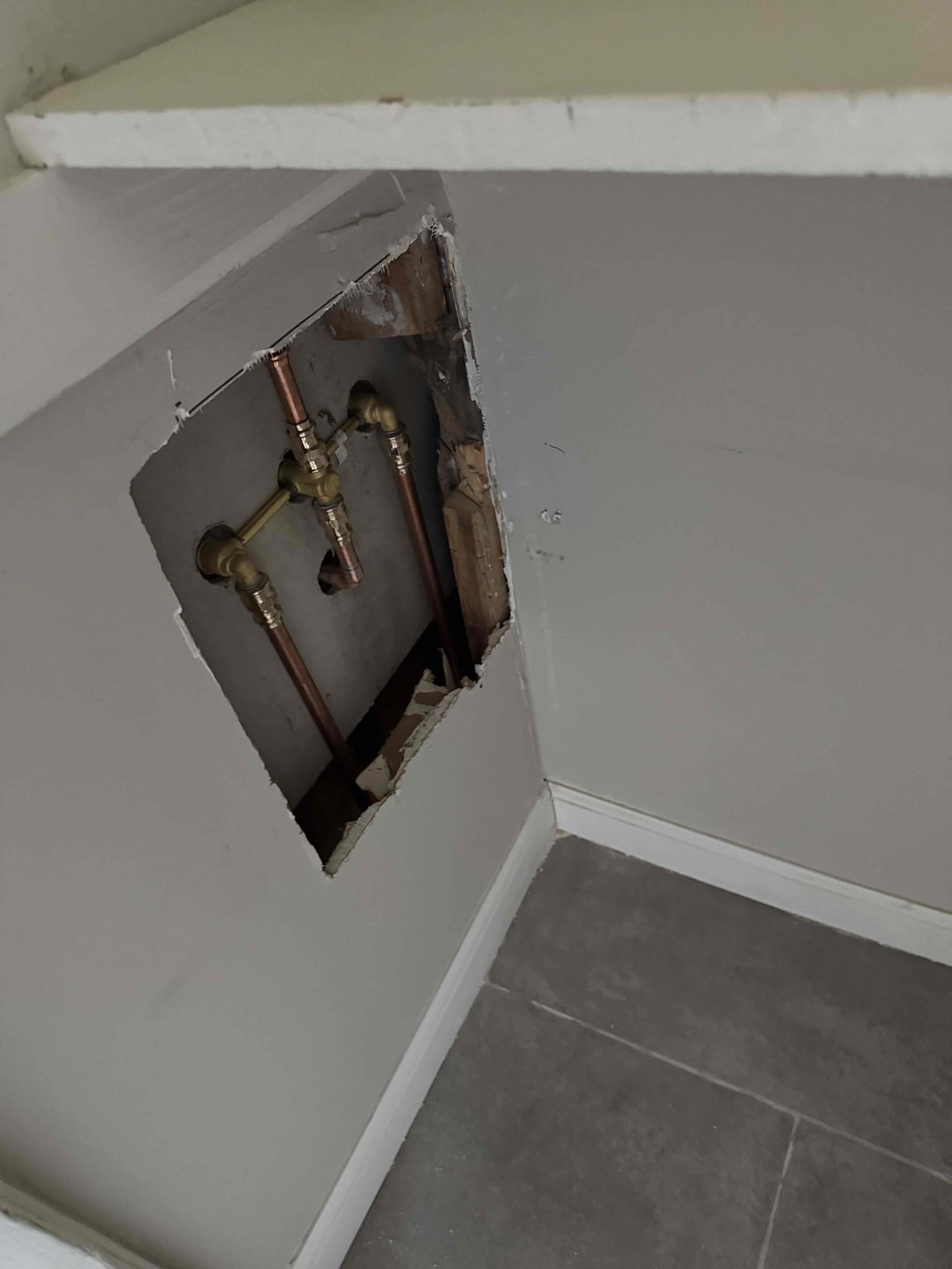 Customer accepted estimate to switch three handle shower valve to one single handle shower valve. Stated to customer that with the cover plate, it would look awkward and possibly may not even fit. Gave customer option just to install new three handle shower valve and customer agreed. Furnished and installed new three handle shower valve. Also replaced half-inch copper piping both hot and cold up to shower valve. Tested and no leaks were present at this time. Cleaned up work area and caulked around trim. 
Chen plumbing is not responsible for sheet rock repair