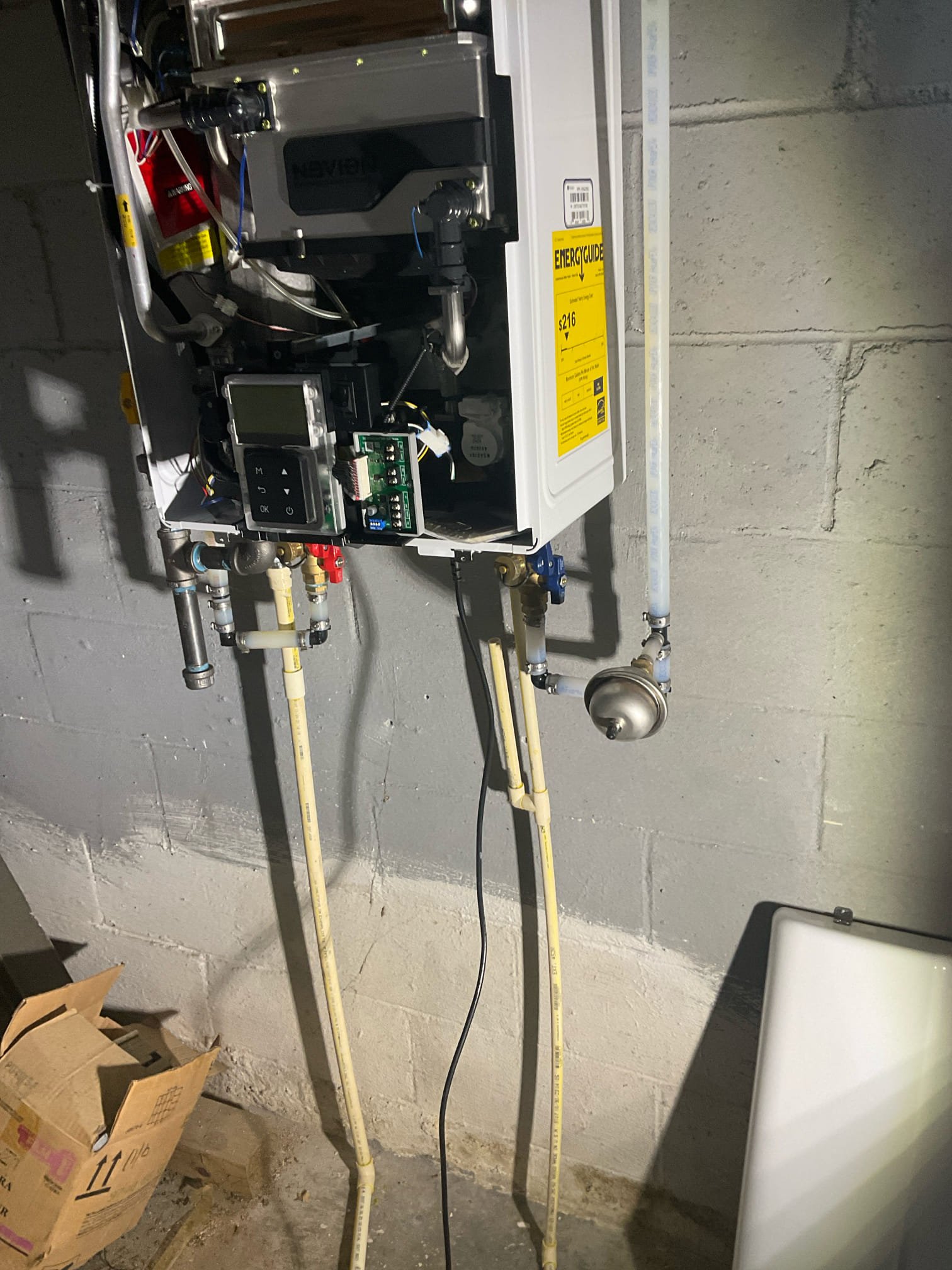 Add cross over valve under the master bathroom sink and connect to internal navien tankless heater pump , no charge 