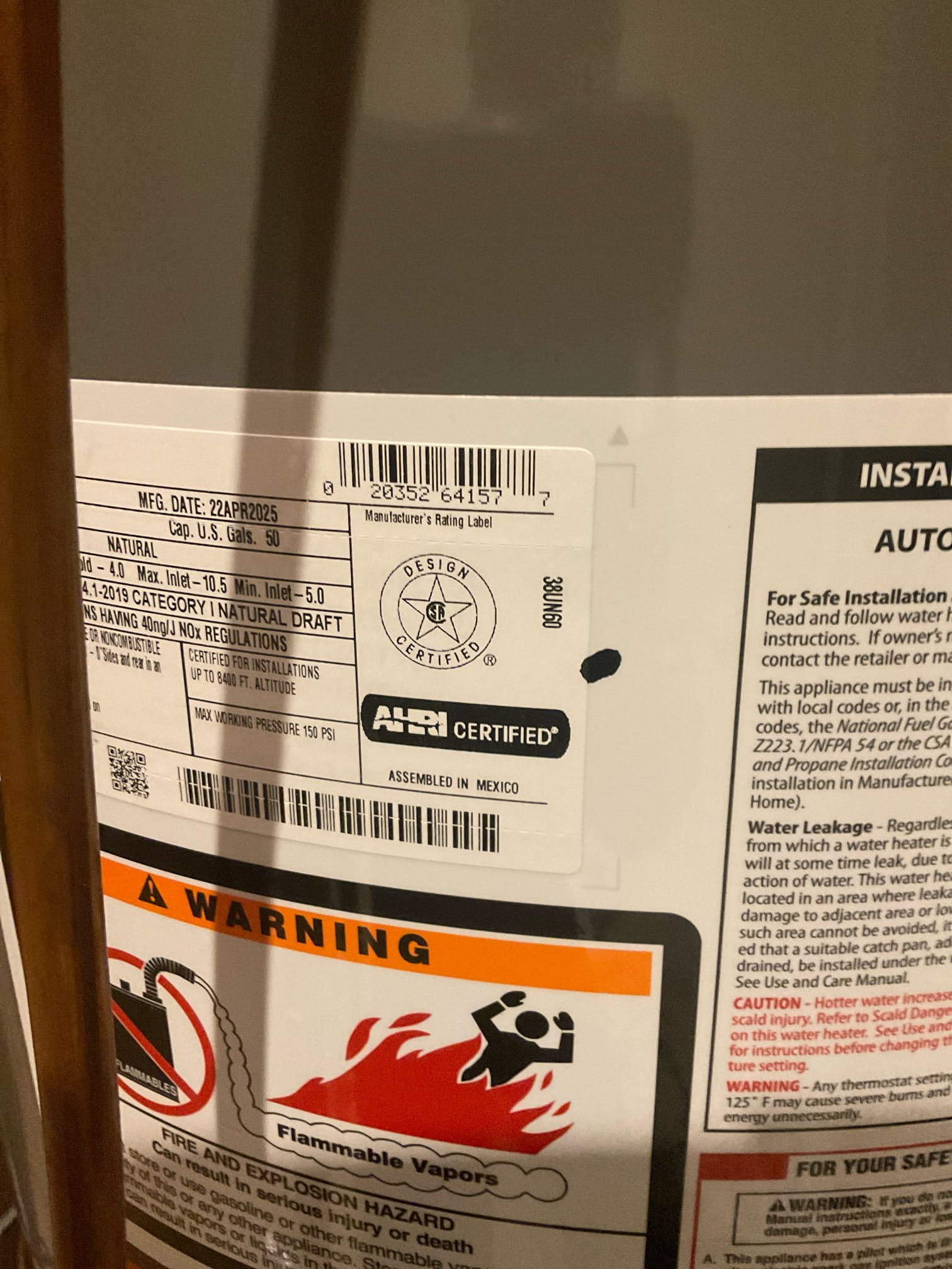 Replaced a 50 gal gas water heater , pan , expansion tank  , auto shut off valve installed 