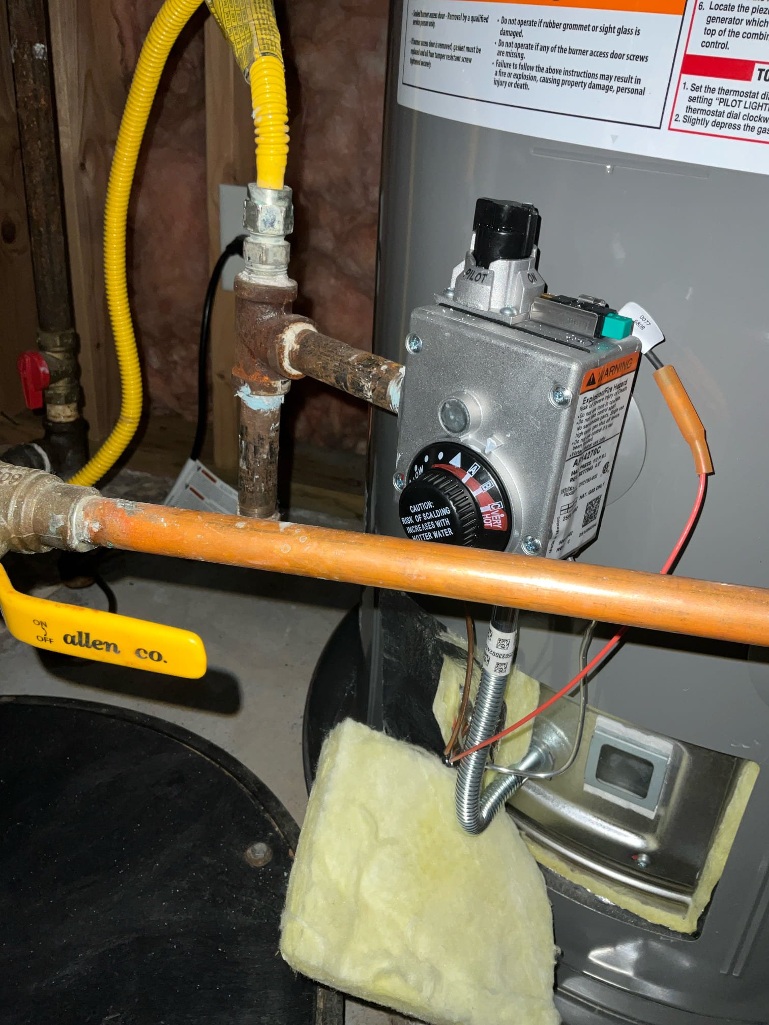 Returned and installed a new 50 gallon tall gas water heater to existing vent, hot, cold, t&p, and return line. Installed a new pan, thermal expansion, and bracket with the new install. Tested all work to ensure proper function and no leaks.