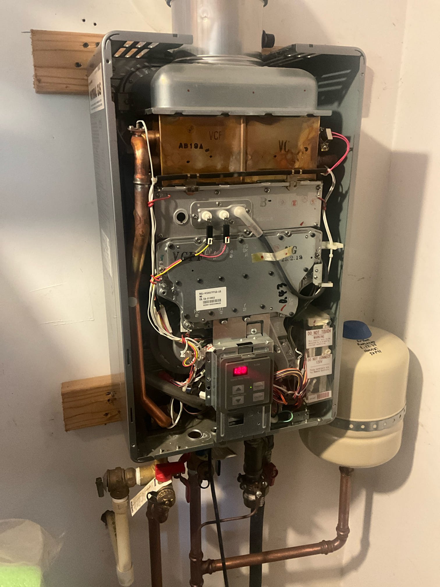 Customer had stated that the water wasn’t getting hot in the home. Opened the utility closet and inspected the unit. There were no active codes happening with the unit upon inspection. Ran water in the home and noted hot water being produced by the tankless unit. Did notice a slight fluctuation in the temperature but both bathrooms in the home are multi handle valves and can’t be the source of any cross connections. Advised customer to wait at least a day before jumping to unit replacement to see if any more tangible symptoms show themselves. Will proceed with any replacement options from there. 