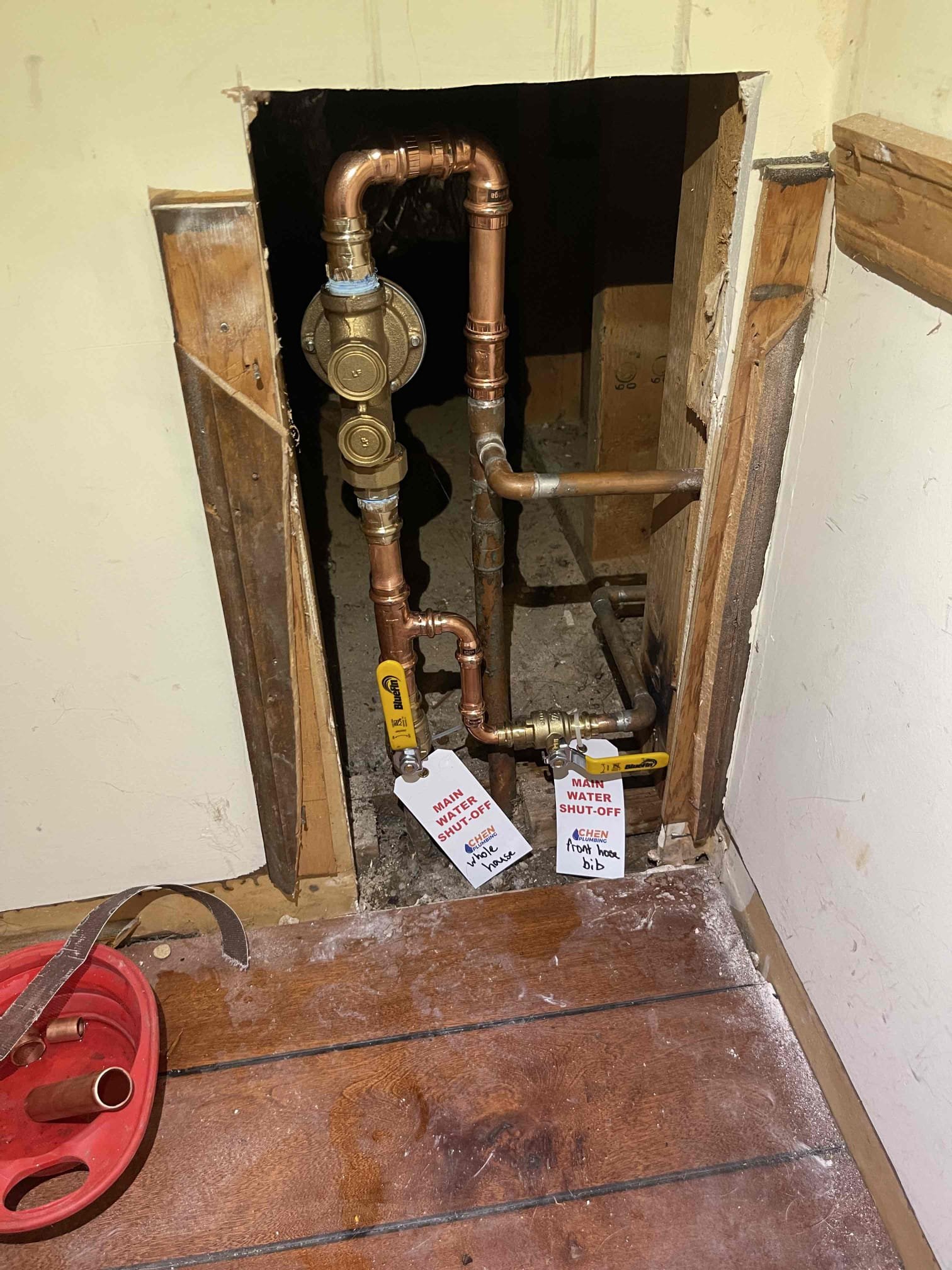 Came out for a dripping hose bib. Tested water pressure and found it was around 100 psi. Received approval to replace hose bib and PRV. Water heater is from 2002. Strongly recommended homeowner replace the water heater. Did not replace expansion tank at this time as it’s included in replacing the water heater. Replaced the PRV and front hose bib. Had to cut wall and install access panel for the hose bib. No further issue at this time. Customer wants to get other quotes for water heater before he makes a decision on that. 