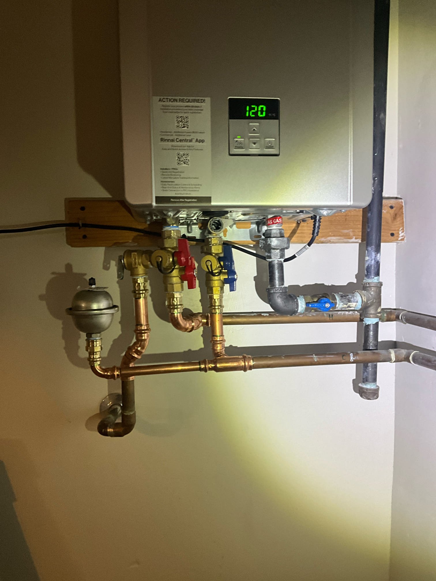 Customer had difficulty getting hot water in the home. Had to turn temp up to 140 and still wasn’t getting proper heating. Customer had another company install a prv. Pressure was recorded at almost 150 psi on a previous visit. Recommended installing high pressure and standard prv in series. Replaced tankless from 2009 that had no service history and heavy corrosion in the unit. Set new house pressure to 65 psi and set new temp for heater to 120 after setting system parameters. 