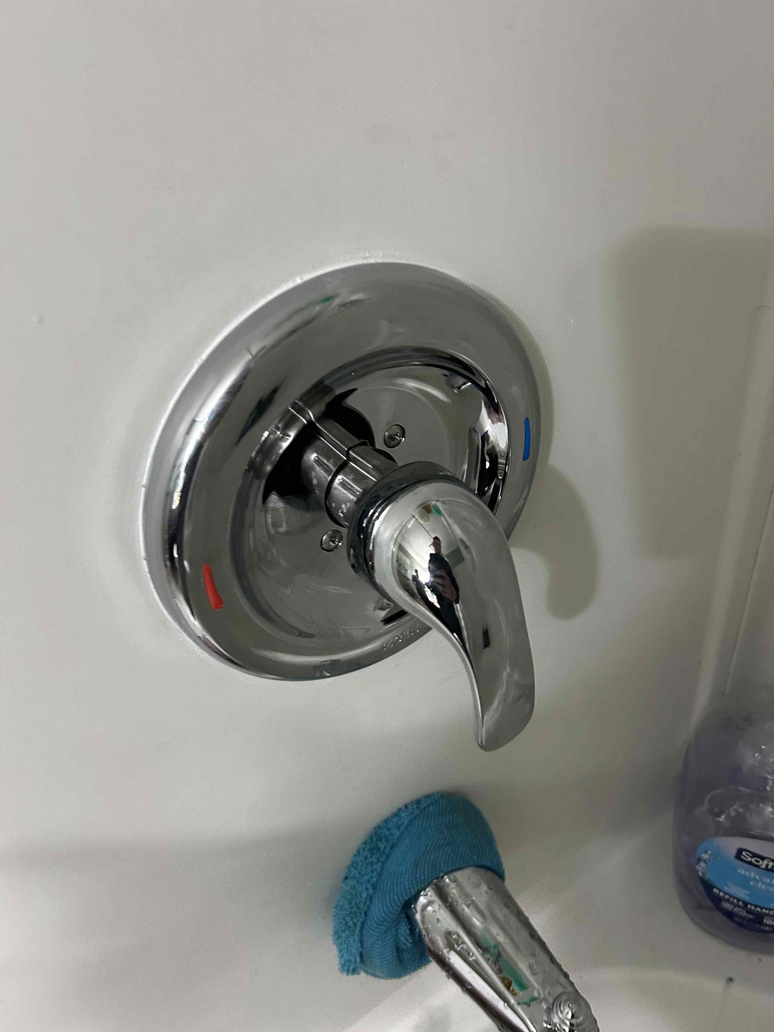 Took off the trim plate to inspect the shower, and the surrounding pipes, the water was getting behind the trim plate, due to the caulk not fully drying after install, I didn’t see any water on the cold and hot lines, at all, we ran the shower and tub for 15-20 minutes with no water leaks. I recaulked the trim plate. And recommend to Let it dry for 24hrs. I still recommend replacing the pressure reducing valve due to high water pressure.