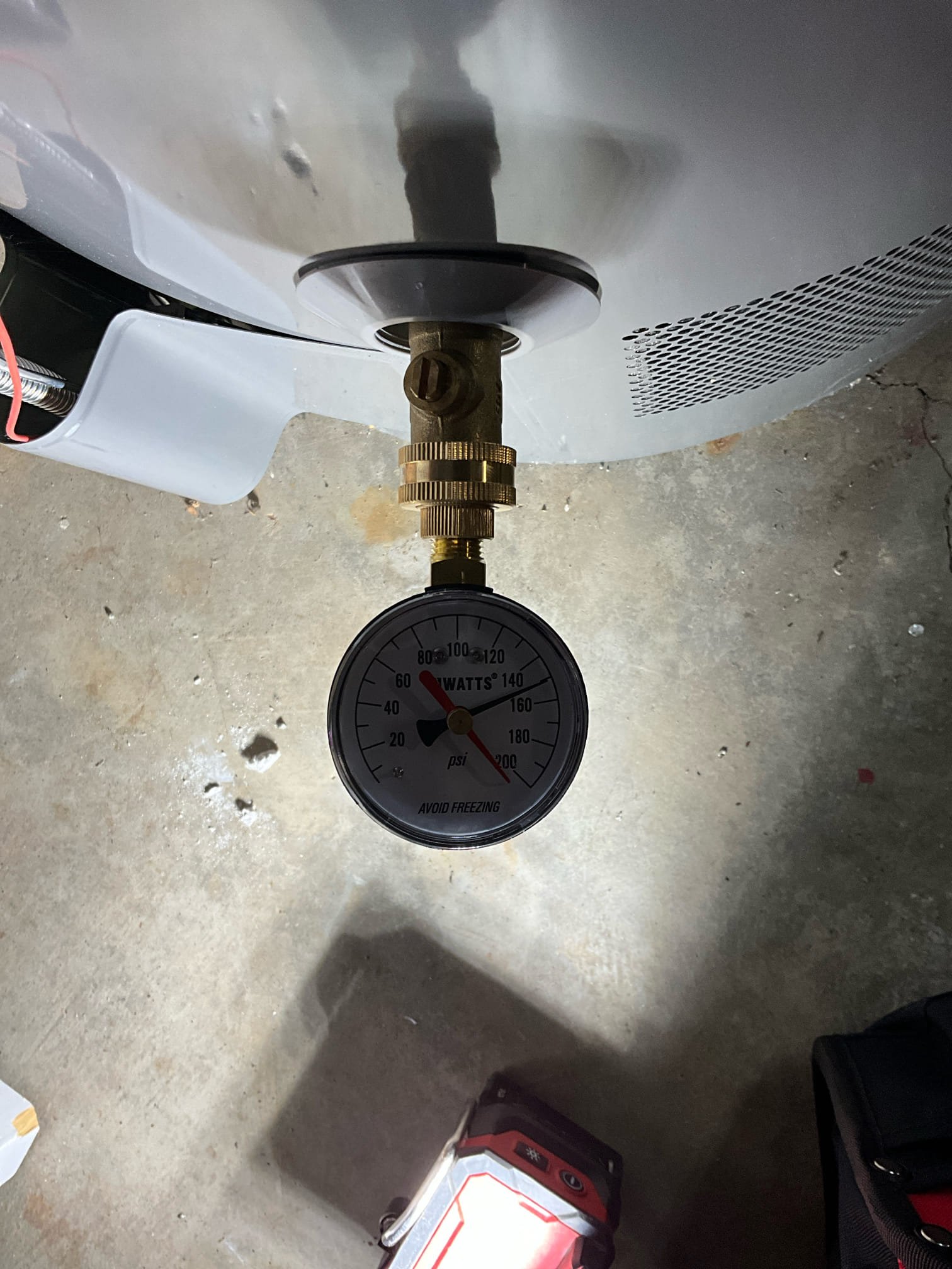 Call for pressure issues with water system.

Arrive and met with Jordan. He states that they have noticed some inconsistent water pressure for several weeks. Mrs. Glover also mentioned that one of the showers emits an audible noise (consistent with water hammer) and that they have replaced some toilet fill valves. Jordan mentioned that the temperature and pressure relief line is constantly running. 

When checking pressure I found it to be 148psi @ ~10am on a weekday. Water tested at water heater. Thermal expansion tank bladder has ruptured, leaving tank full of water. T&P line is constantly running. The water heater also does not have a drip pan under it, thermal expansion is supported only by pipe which has sharkbite connections close. 

Replaced pressure regulating valve and main shut off valve. I also moved the prv and shut off to be more accessible, and to protect the front hose spigot with the prv as it was previously before the prv, and Jordan uses this hose spigot for lawn work