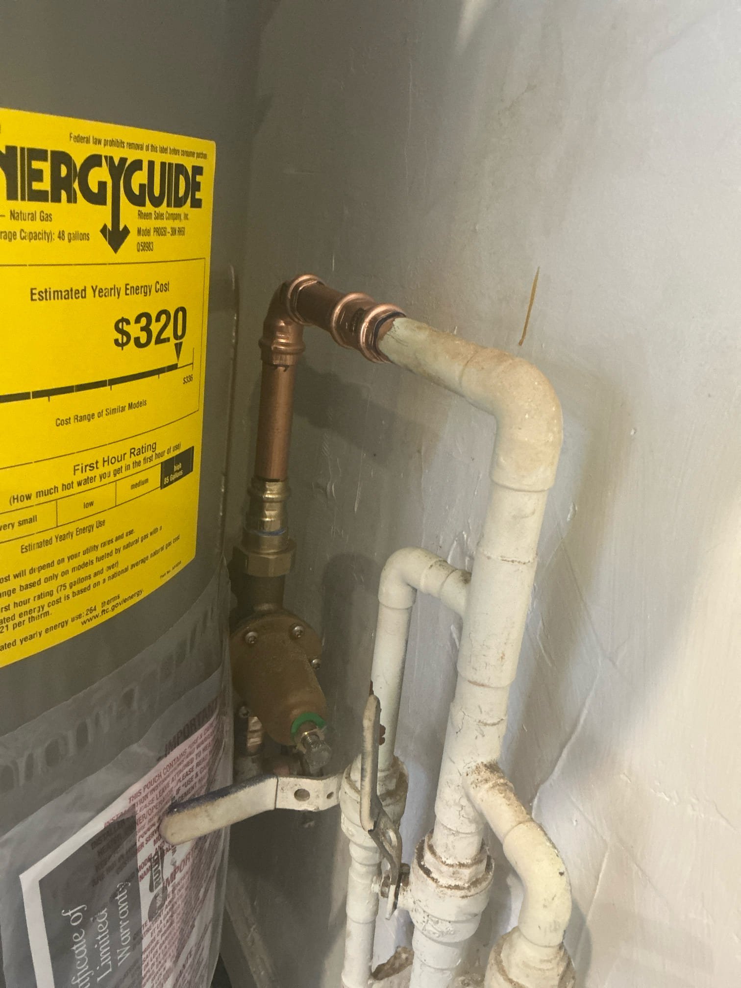 Came out today to replace the 50 gal nat gas water heater in garage. We took off old stand, and sat new unit on ground in a drain pan per code. We replaced the old ball valve shutoff with new ball valve, replaced the thermal expansion tank with new properly supported thermal expansion tank. Also replaced the gas fittings and installed proper coated gas flex. 

We also replaced the old 3/4” pressure reducing valve on the main water line coming into home and feeding the rest of the home. 

Tested all connections, no issue and water heater is running as it should be.

6 yr manufacturer warranty 
2 yr parts and labor on water heater 
1 yr parts and labor warranty on pressure reducing valve

Water heater inspection scheduled for next Tuesday 12/23/25

$300 credit added to account. 