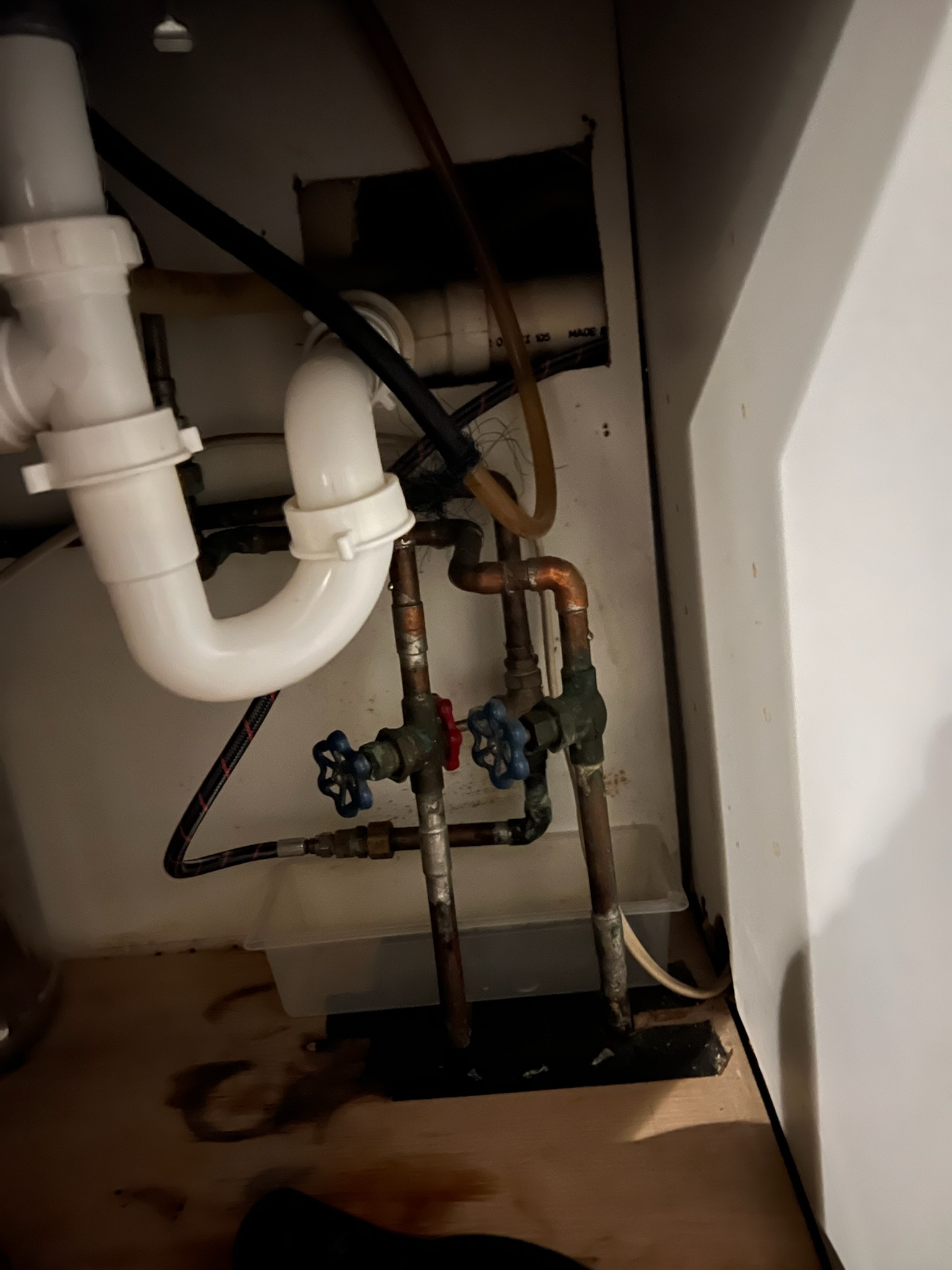 Replaced three water shut off valves for kitchen faucet and dishwasher with new supply line to kitchen faucet 