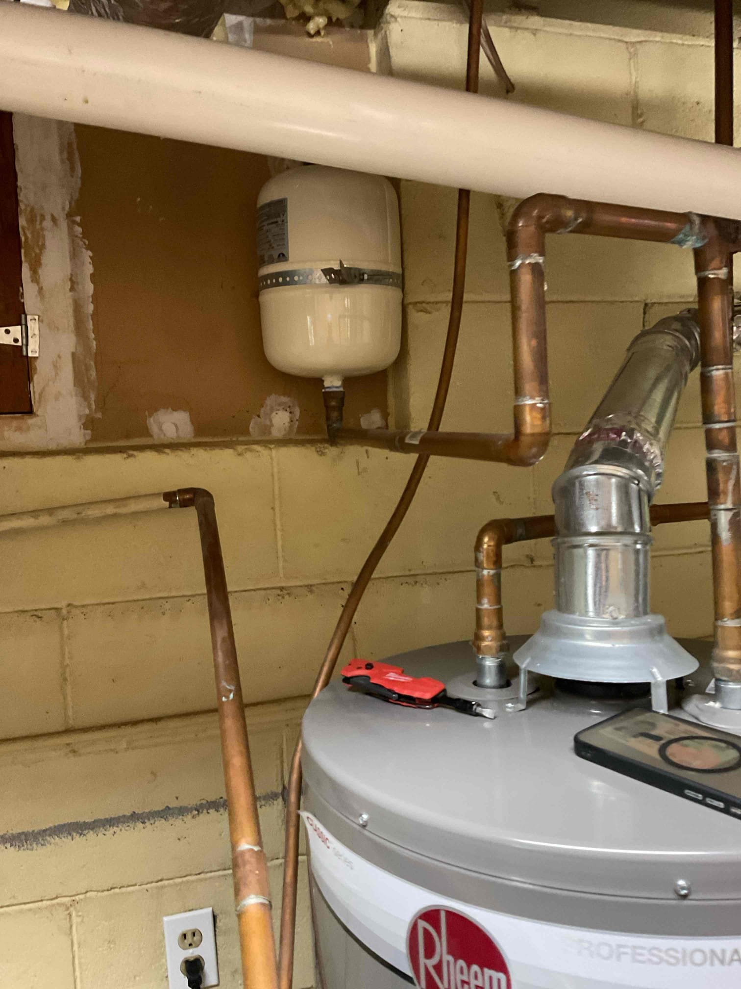 Install new Prv and main house shut off valve. Also install thermal expansion tank with bracket. Pull and reset toilet. Install new fill valve. Repair section of copper.

Furnished installed new PRV and thermal expansion tank. Also in master bath installed new, fill valve for toilet. Pulled and reset toilet on main floor. And in crawlspace, repaired section of half-inch copper pipe that was corroded. Tested and no leaks present at this time. Set water pressure to 65 psi. Cleaned up work area.