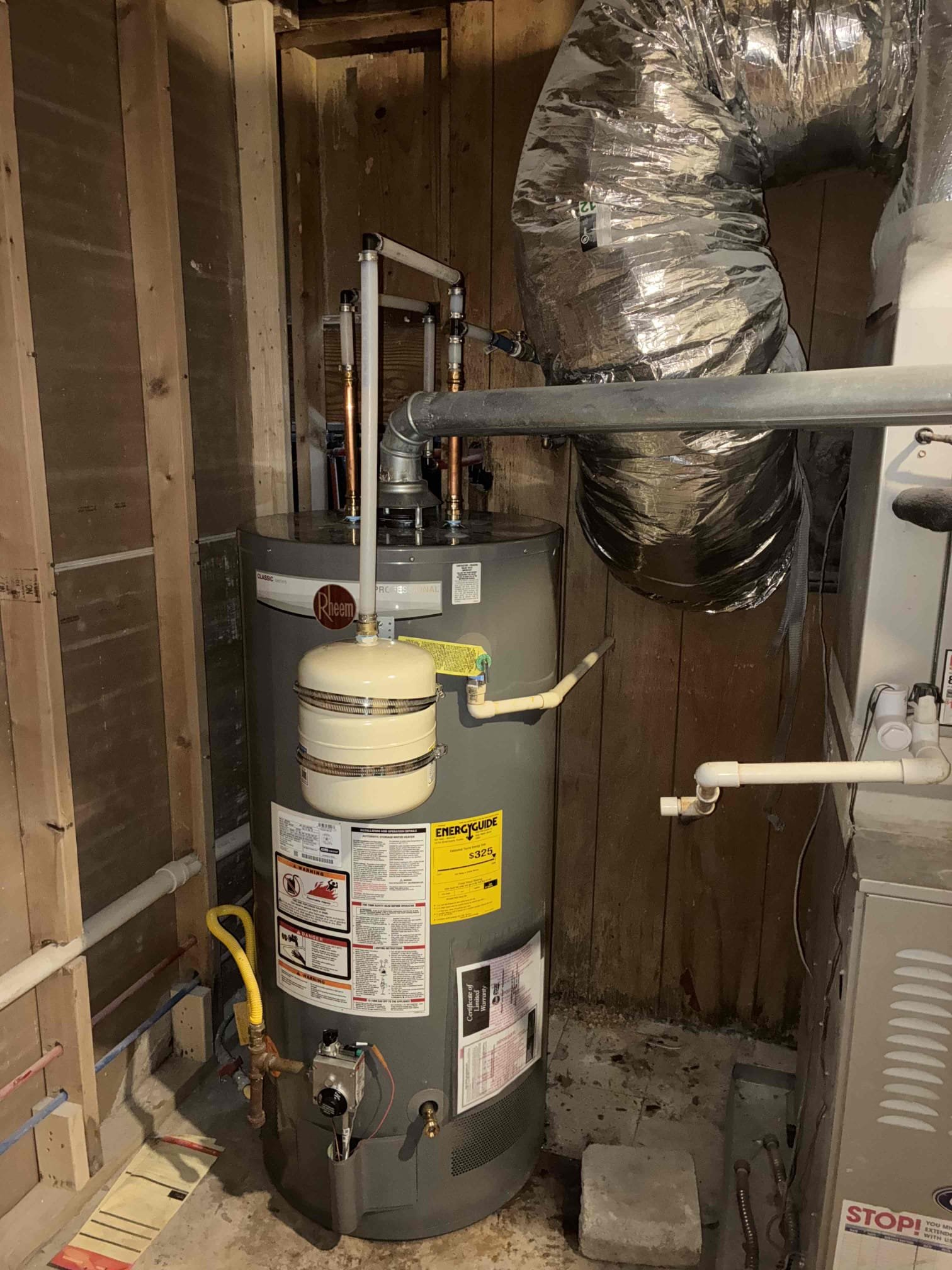 Customer needed new water heater due to old age of current heater. Replaced heater with Rheem 50 gal heater. Also camera drain line to determine location/depth of roots seen on inspection report. Area is approximately 10 in length and 7-12ft in depth. Area of issue looks be located at tap to city sewer. Will give quote for future repair. Unable to test work due to water to property not currently being on. Will return to test for leaks and proper function. 