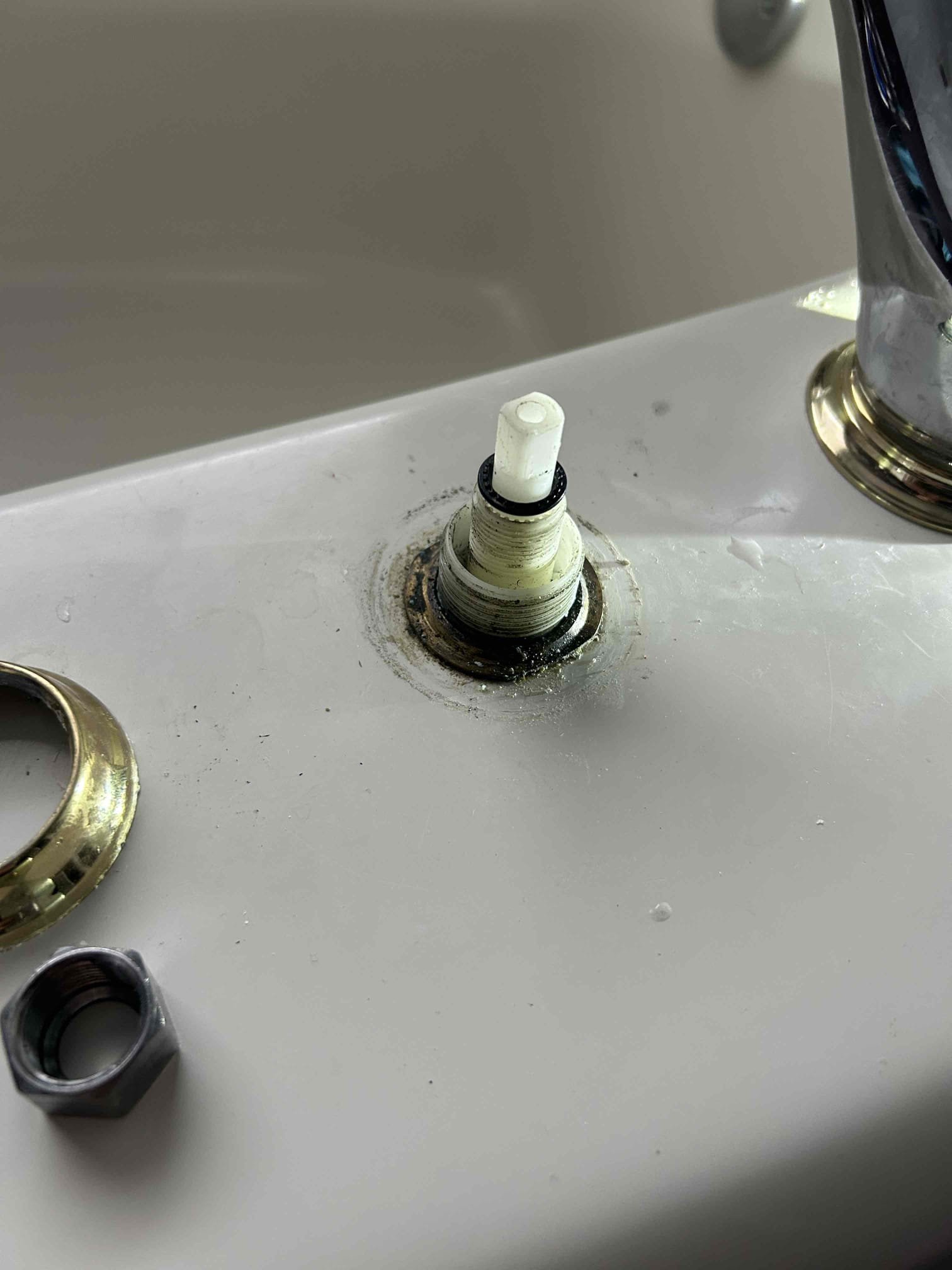 For this job, the Roman tub faucet will need to be replaced not just the cartridges, but the whole faucet will have to cut the fiberglass underneath and essentially replace the Roman tub faucet, this will be done whenever the homeowner approves the work we will need to cut the fiberglass but we will not be putting the fiberglass back due to the fact we do not do fiberglass repair. Some additional pipe work will be needed to install this new valve and all the parts going to it at this time. No work will be performed. Try to take the old cartridges out today. Turned off the water and try to put the new ones in. However, I was unsuccessful due to the screws that were inside the hot the cold the cold one is the problem we were going to go ahead and replace both cartridges but at this time we are not.