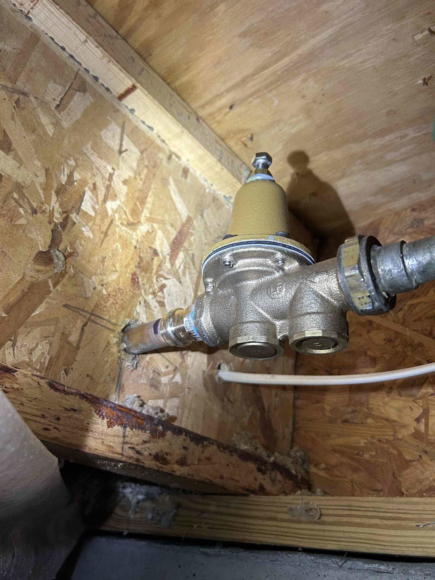 For this job, we were called out to replace the pressure reducing valve. The customer already had a 25 AV, but it was installed about 1015 years ago the one that we went ahead and replaced it with was the same model turned off the water to the house let drain down the house as much as possible some residual water would still be in the line Disconnected. The union added a mail adapter to the new PRV and pro pressed the male adapter to the copper once that was complete there are no leaks tie. The union back on the customer is all good. Check the pressure it was reading at 60 pounds and then I asked the homeowner to flush the toilet and it dropped down to 40 pounds indicating a decrease in pressure so therefore that is why we did the recommendation on replacing the unit. No leaks after installed.