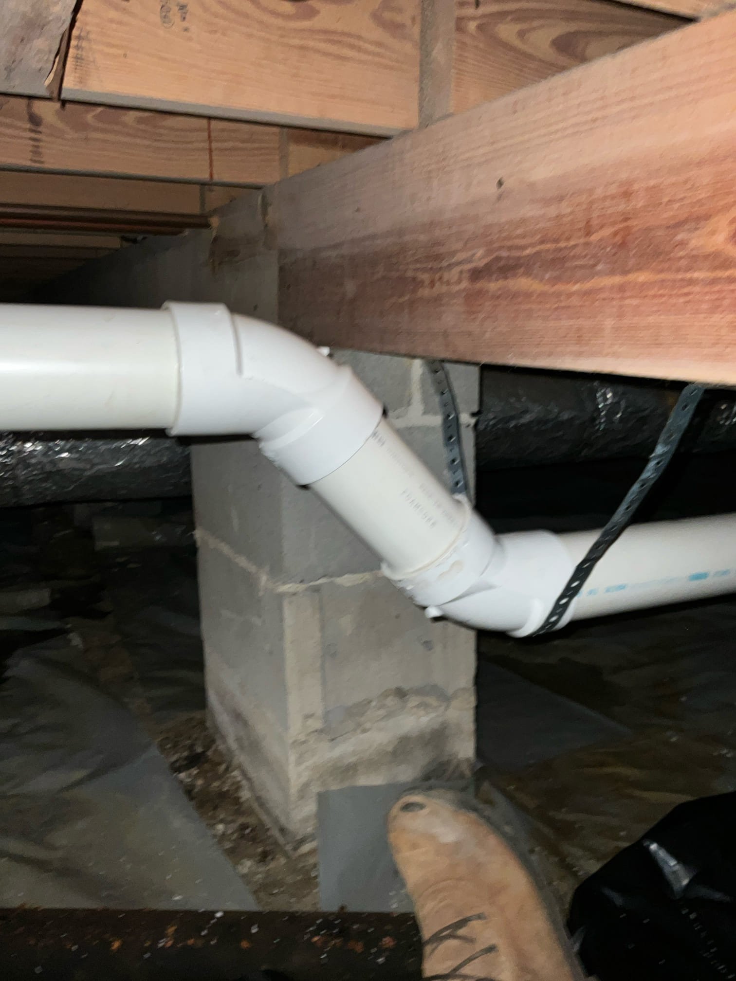 Call for smell from crawlspace.

Arrived and spoke with Scott. He mentioned he went in the crawlspace to perform checks  and smelled a bad smell. Looking in the back he saw puddles of water.

Inspection revealed failed cast iron pipe section between kitchen and main line. Sewage has leaked on to plastic and started under moisture barrier as well. I recommend contacting Reliable Restoration to assist in sewage extraction and to assist with other restorative work. 

Contact info:
David
678-492-9860
Reliable Restoration


Replaced section of pipe with pvc pipe to correct problem.