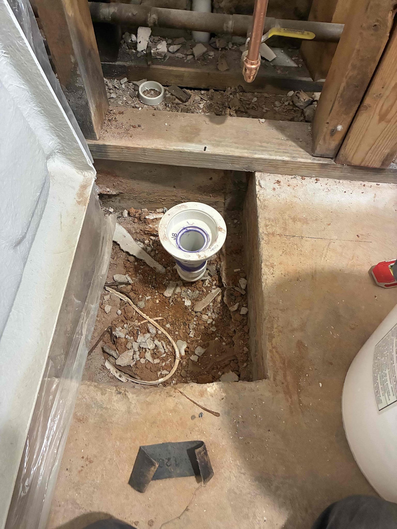 Roughed in customer provided shower drain and shower valve. Customer is going to install trim out after shower stall is put into place. Explained to customer about customer provided parts and also explained dimensions of shower valve and drain. Checked all area of work for leaks and proper function. Not responsible for open drain work. Customer is in process of remodel.