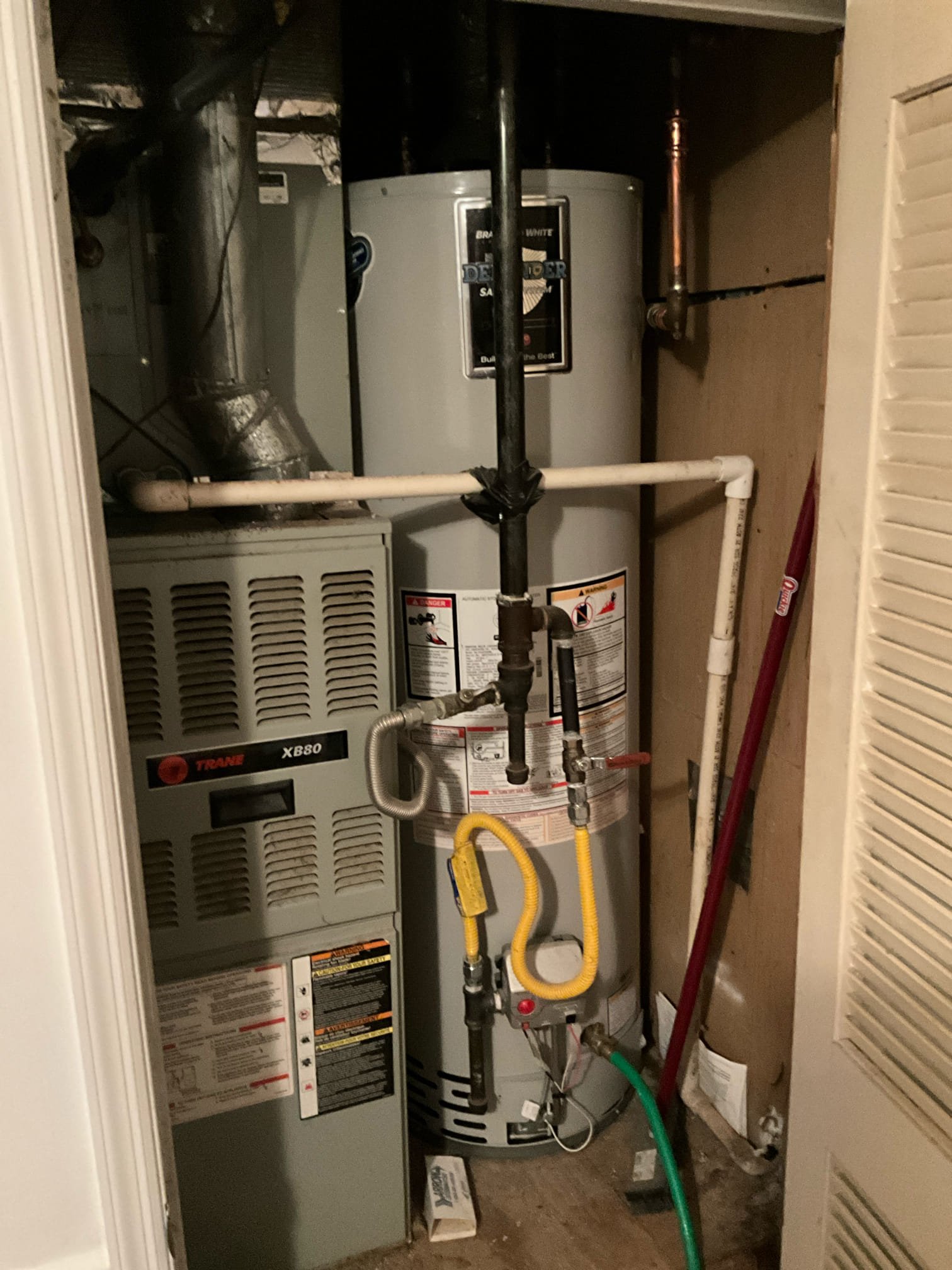 Return to correct issues identified during last week’s visit.

Flushed and drained water heater to remove from closet. Once water heater was out we lifted platform to original height, and installed new lumber to support unit. Previously water heater was only supported by leaning on hvac unit. Cleaned behind unit while it was out. Reinstalled water heater. Unit has been lit and is currently heating.

Cut wall in closet to attempt to replace pressure regulating valve. Found that no shut off or prv existed. Changed scope of work to include the addition of. Prv and shut off valve. Brought these components out of the wall to be accessible for use and maintenance. Cleaned space and applied plastic over drywall hole.

Installed customer supplied kitchen sink, this sink came with a faucet which was installed as well. New garbage disposal has been installed. Secondary drain line was capped. Upstairs bathroom drain was draining a little slow. Removed p trap and cleaned as needed a courtesy.

Aft