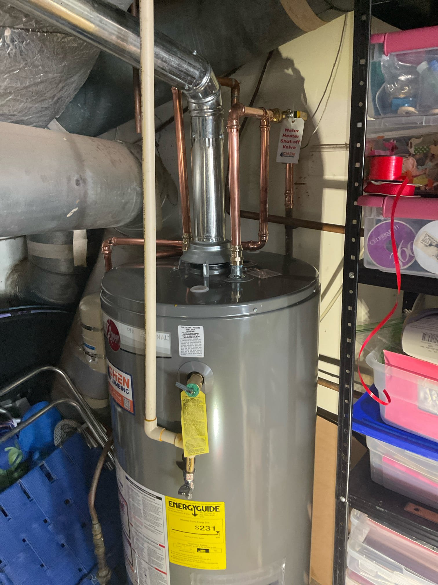 Replaced a 40 gallon gas water heater with Rheem pro tank , Pan , expansion tank and new relief line to outside 