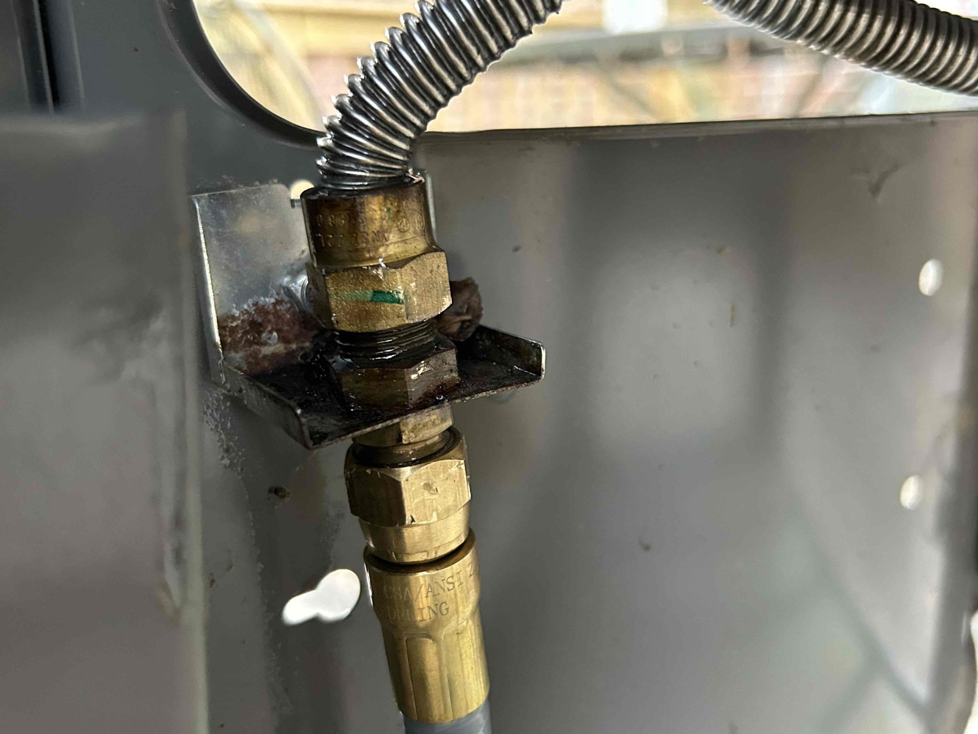 For this job, gas line for the natural gas grill had a hole in the gas line. I could hear it from where I was standing, and I put some bubble solution on it to further identify if that is where the gas leak is coming from the customer said it was somewhere in that area and I was able to locate it didn’t think that we were gonna have to do a gas pressure test to find it because it was after a shut off valve so it would be kind of pointless if we were to do a gas pressure test so therefore it wasn’t needed. I was able to find it and recommended. We just go ahead and replace that supply line with brand new one went and picked one up from Ace Hardware because that is the only place that sells them locally and put it in. Went back with the quick connect and into the grill once complete no leaks tested it after tested the grill after to make sure it lit up the customers all set and no further issues at this time. 