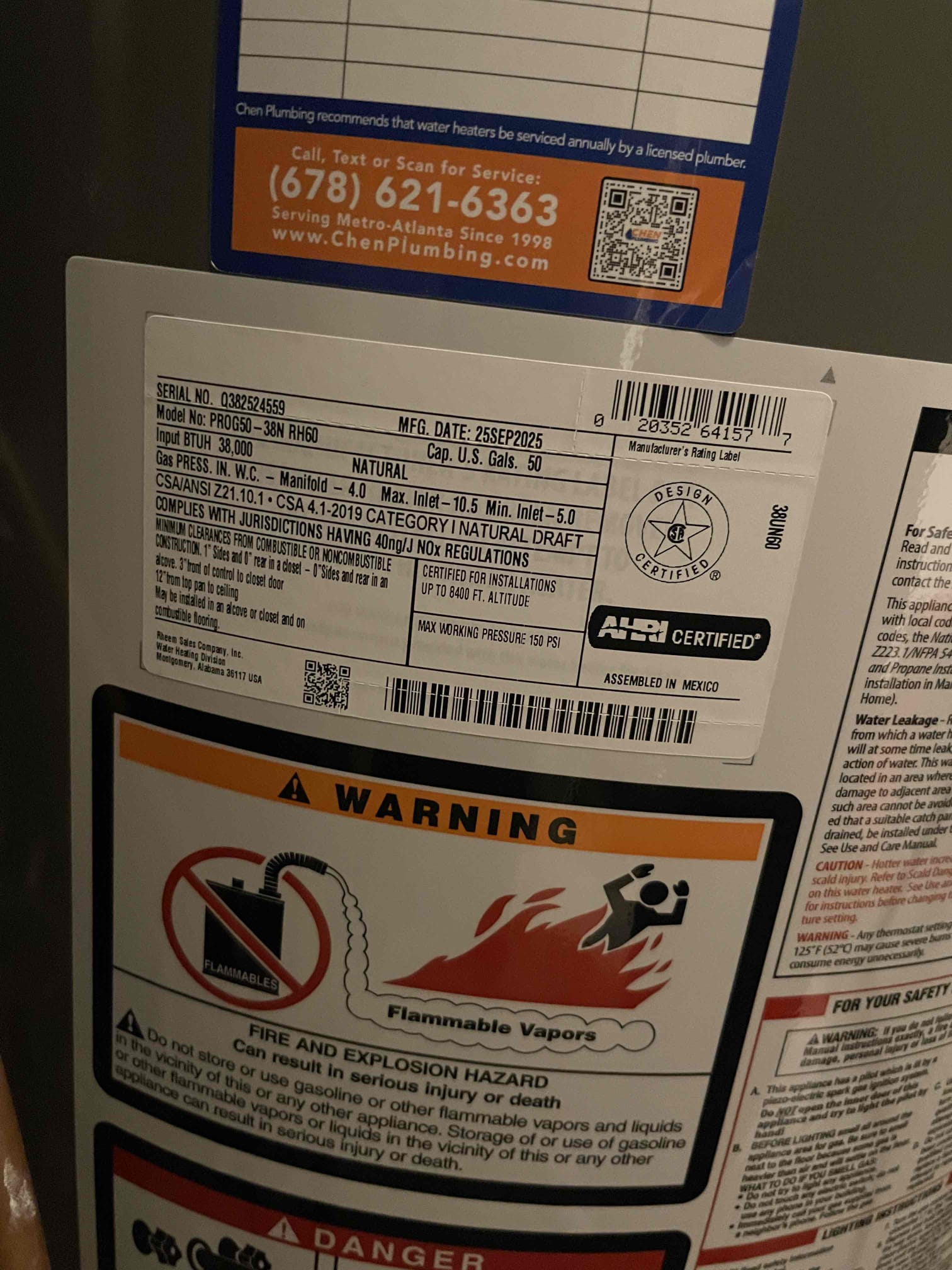 Called out for a leaking water heater. Water heater had rusted through, wag valve had done its job and stopped the leak from getting worse. Received approval to replace water heater and install new flood stop device. Tested to ensure proper function and a leak free install. Went around to all bathrooms and cleared discolored water and sediment from each fixture. Kitchen faucet electronic solenoid was clogged and causing faucet to leak water constantly. Customer had the replacement part already so we swapped it out. No further issue. 